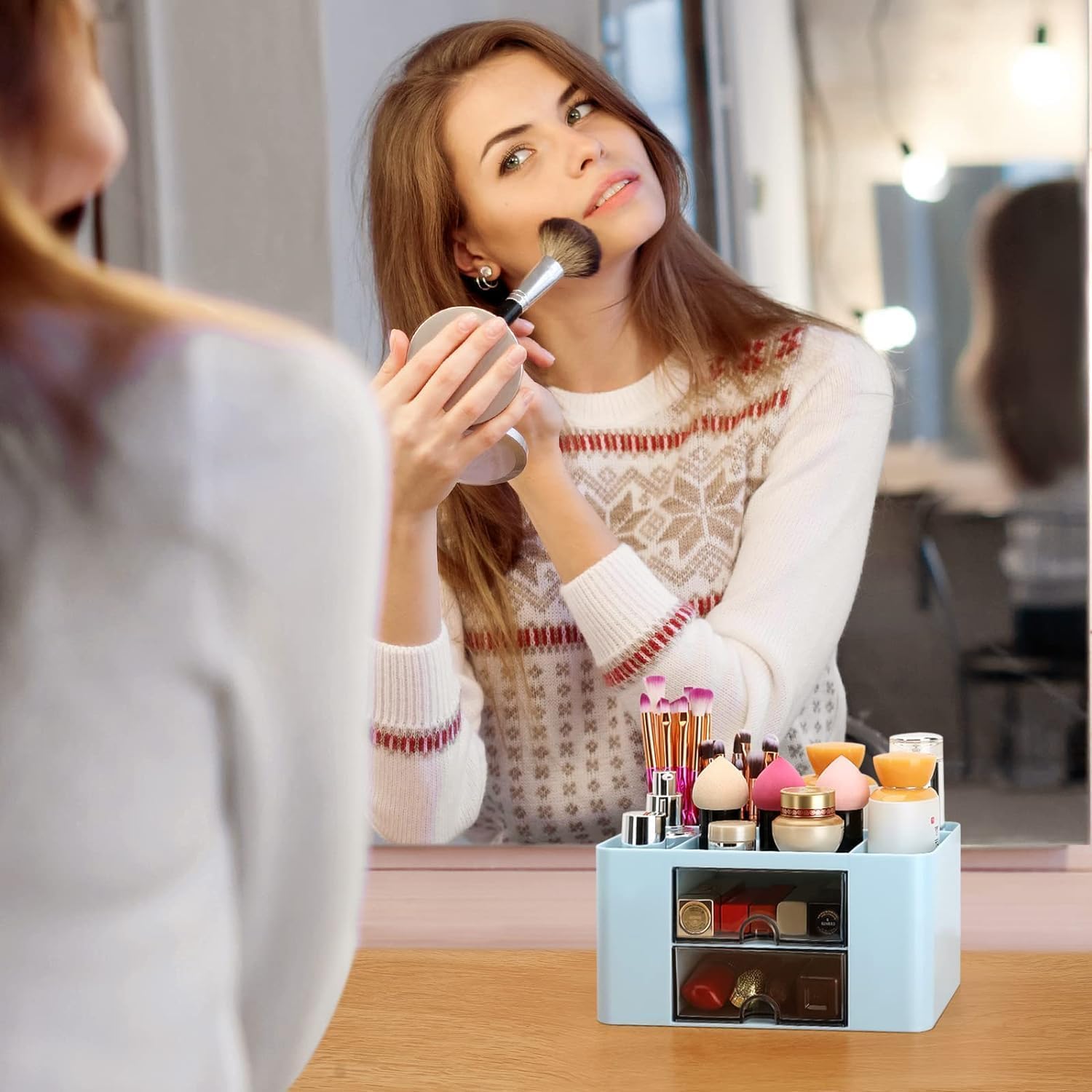 UCRAVO Stylish Stackable Desk Organizer with 2 Drawers and 5 Compartments– Multi-Functional Desktop Storage Box with Pen Holder for Home, Office, School, Craft Supplies, and Art Stationery - Blue