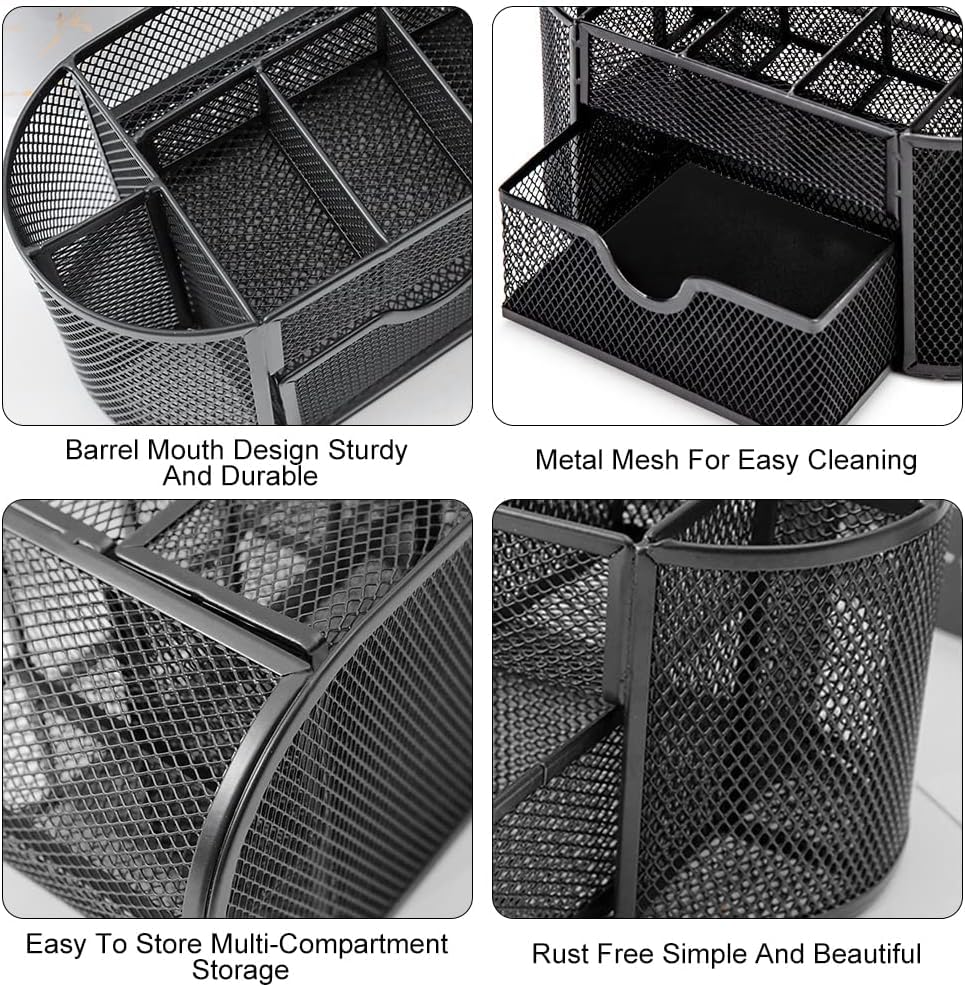 UCRAVO Black Round Mesh Pen Stand, Pencil Holder, Pen Organizer for Desk, Pen Cups, Stationary Storage Stand, Makeup Brush Holders, Pen, Pencil Holder for Office Home and Study Table