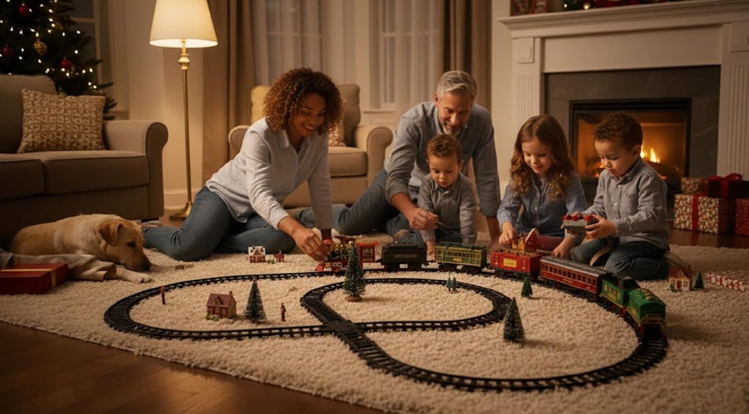 UCRAVO Electric Toy Train Set with Real Smoke, Lights Sound Steam Engine Railway Track Set for Kids 3+ Years, Battery Operated Classic Train with Cargo Coaches,Musical Train Toy Gift for Boys & Girls