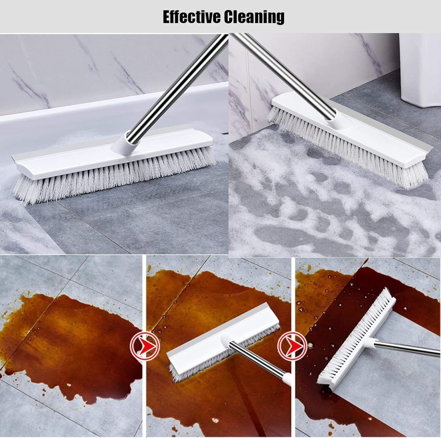 UCRAVO 1pc, Floor Scrub Brush with Long Handle, 2 in 1 Scrape and Brush, Tub and Tile for Cleaning Bathroom, Patio, Kitchen, Wall,Supplies, Bathroom Cleaning with Wiper