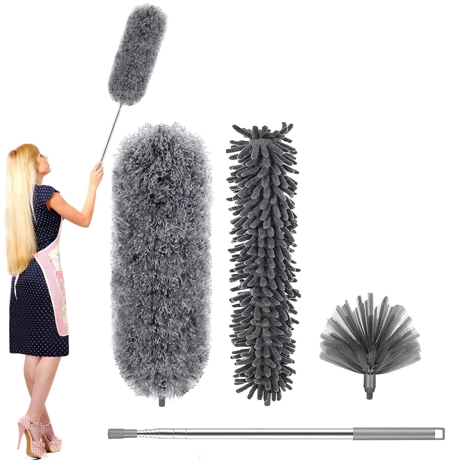 UCRAVO 2025 Upgraded Fan Cleaning Mop Microfiber Duster with Extension Pole(Stainless Steel), Extra Long 100 inches, with Bendable Head, Extendable Duster for Cleaning High Ceiling Fan, Interior Roof