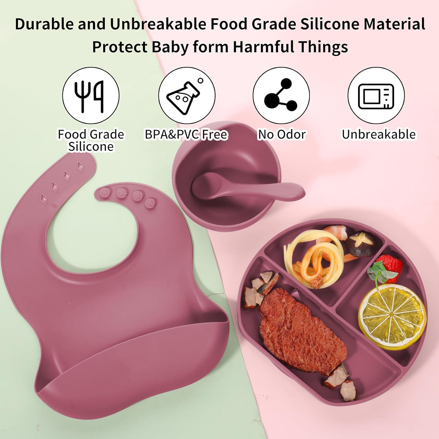 UCRAVO Pink Baby Feeding Set for Girls Silicone Baby Led Weaning Set with Adjustable Bib, Suction Plate, Suction Bowl, Baby Training Cup with Straw, Spoon and Fork Set, Toddler Feeding Essentials