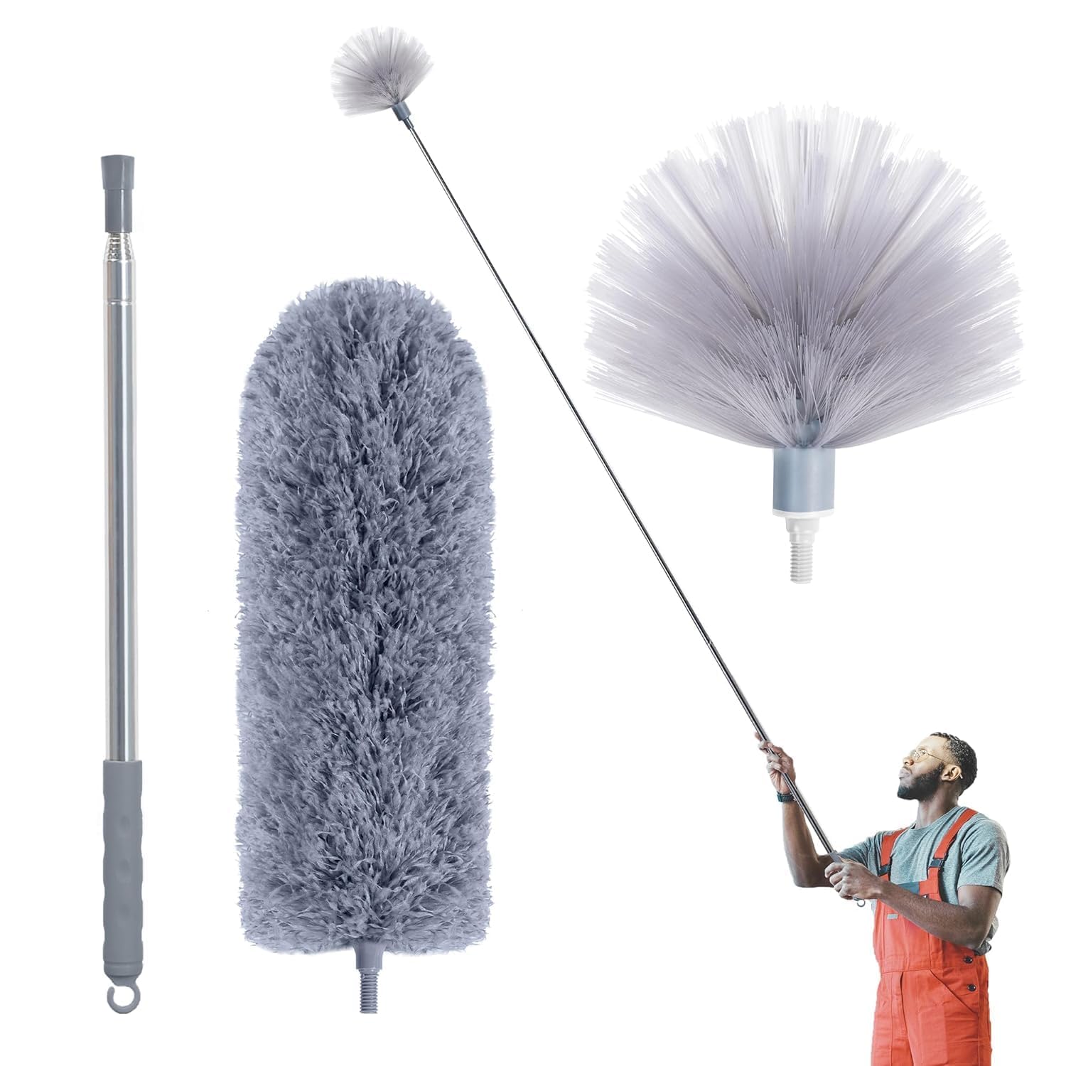 UCRAVO 2025 Upgraded Fan Cleaning Mop Microfiber Duster with Extension Pole(Stainless Steel), Extra Long 100 inches, with Bendable Head, Extendable Duster for Cleaning High Ceiling Fan, Interior Roof