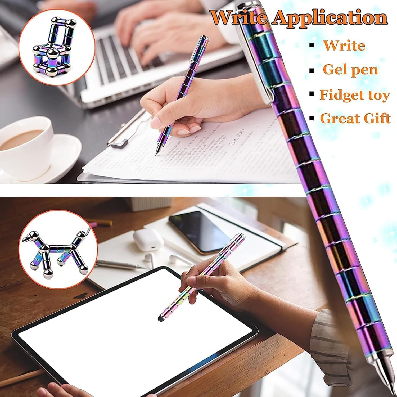 UCRAVO Magnetic Fidget Pen Decompression Magnetic Metal Pen,Toy Pen Relief Stress Build Various of Shapes Multifunctional Deformable Magnet Writing Pen Fidget Unique Gift for Boys and Girls (Rainbow)