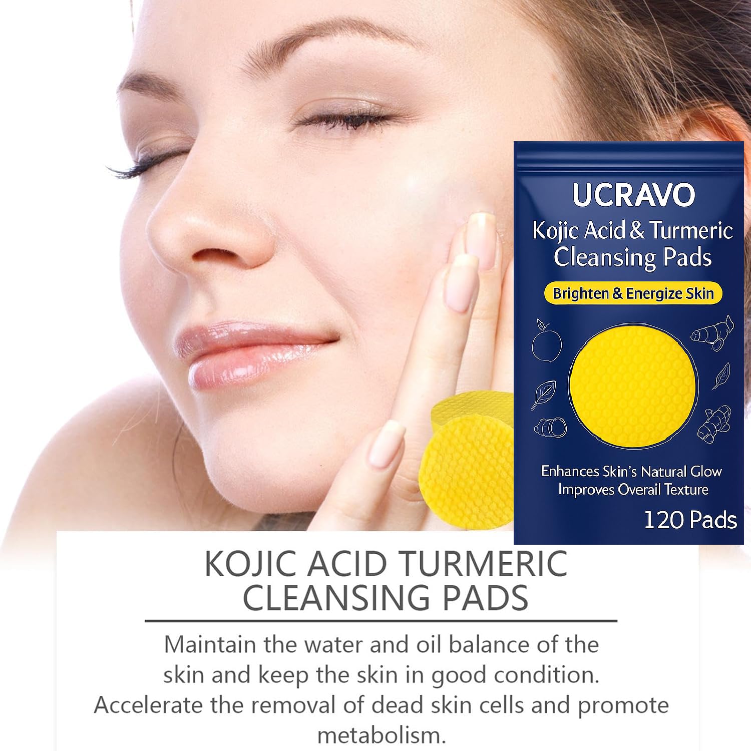 UCRAVO Kojic Acid & Turmeric Cleansing Pads – 180PCS | Extra-Large Pack Of 3| Skin Brightening, Dark Spot Remover & Acne Treatment | Foaming Face Pads with Vitamin C & B5 – All Skin Types