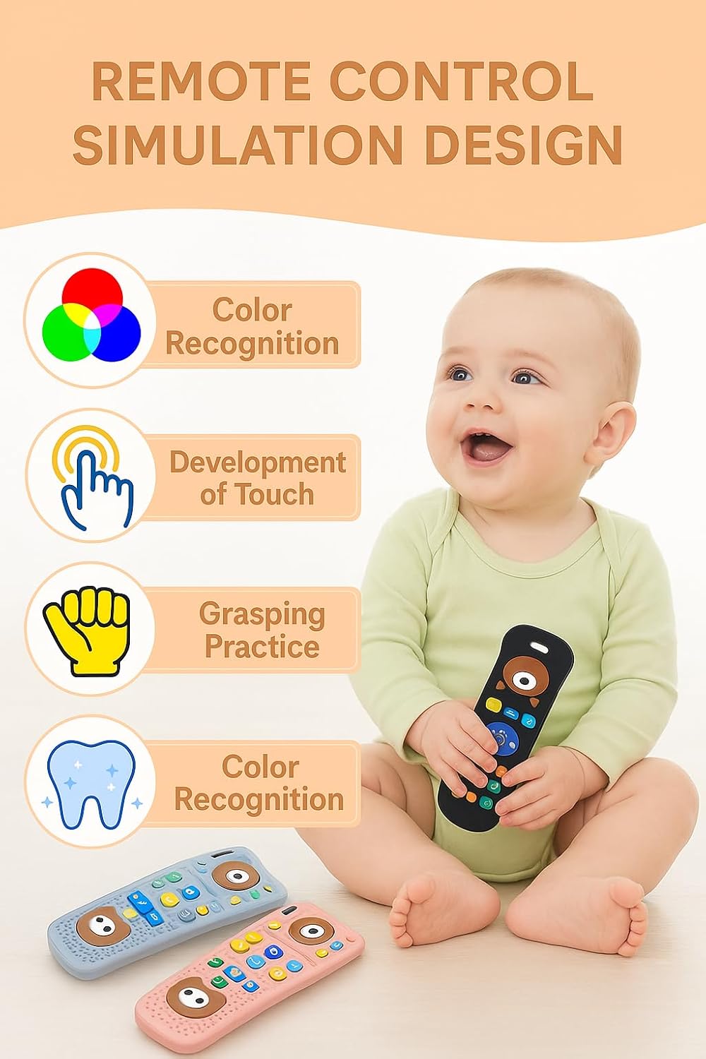 UCRAVO Remote Control Silicone Teether for Baby | Food Grade TV Remote Shape Teething Toy | Soft, Easy-to-Clean, Sensory Relief Chewing,Biting Toy for Infants & Toddlers, Babies (3–18 Months)-Beige