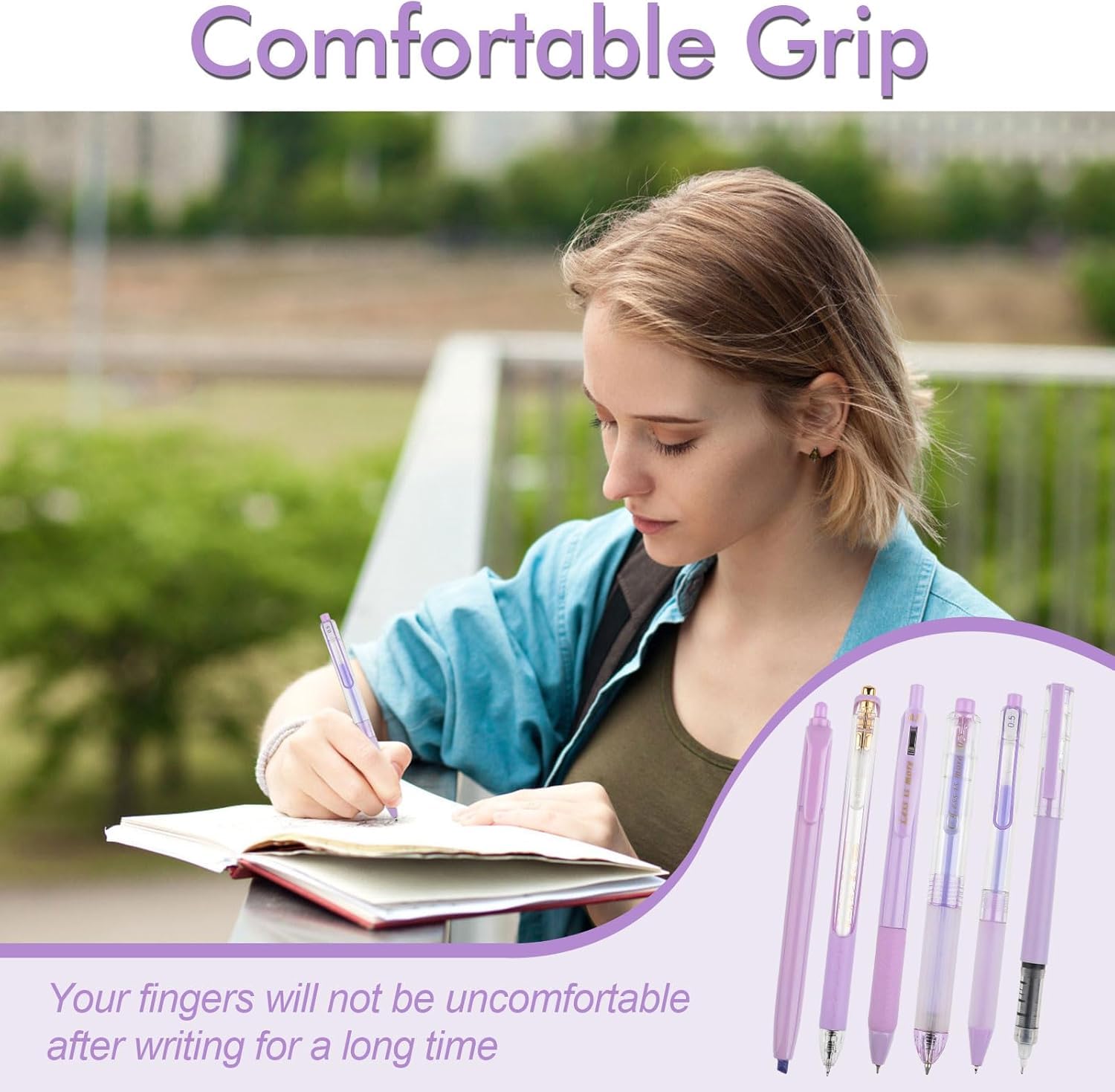 UCRAVO 5 Pcs Gel Pens and 1Pc Highlighter, Quick Dry Blue Ink Pen Fine Point Black 0.5mm, Aesthetic Stuff Retractable Rolling Ball Pen Smooth Writing for School Supplies Journaling (Purple)