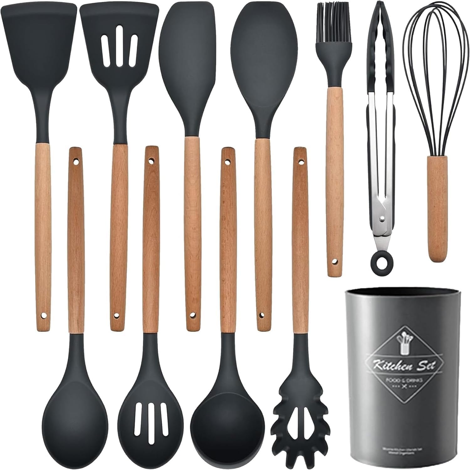 UCRAVO 12 Pcs Silicone Kitchen Utensil Set with Wooden Handle, Non-Stick Cooking + Baking Spoon & Spatula Set, BPA Free, Heat Resistant, Flexible Non Toxic Silicon Cookware Tools (Black)