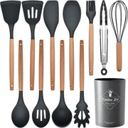 UCRAVO 12 Pcs Silicone Kitchen Utensil Set with Wooden Handle, Non-Stick Cooking + Baking Spoon & Spatula Set, BPA Free, Heat Resistant, Flexible Non Toxic Silicon Cookware Tools (Black)