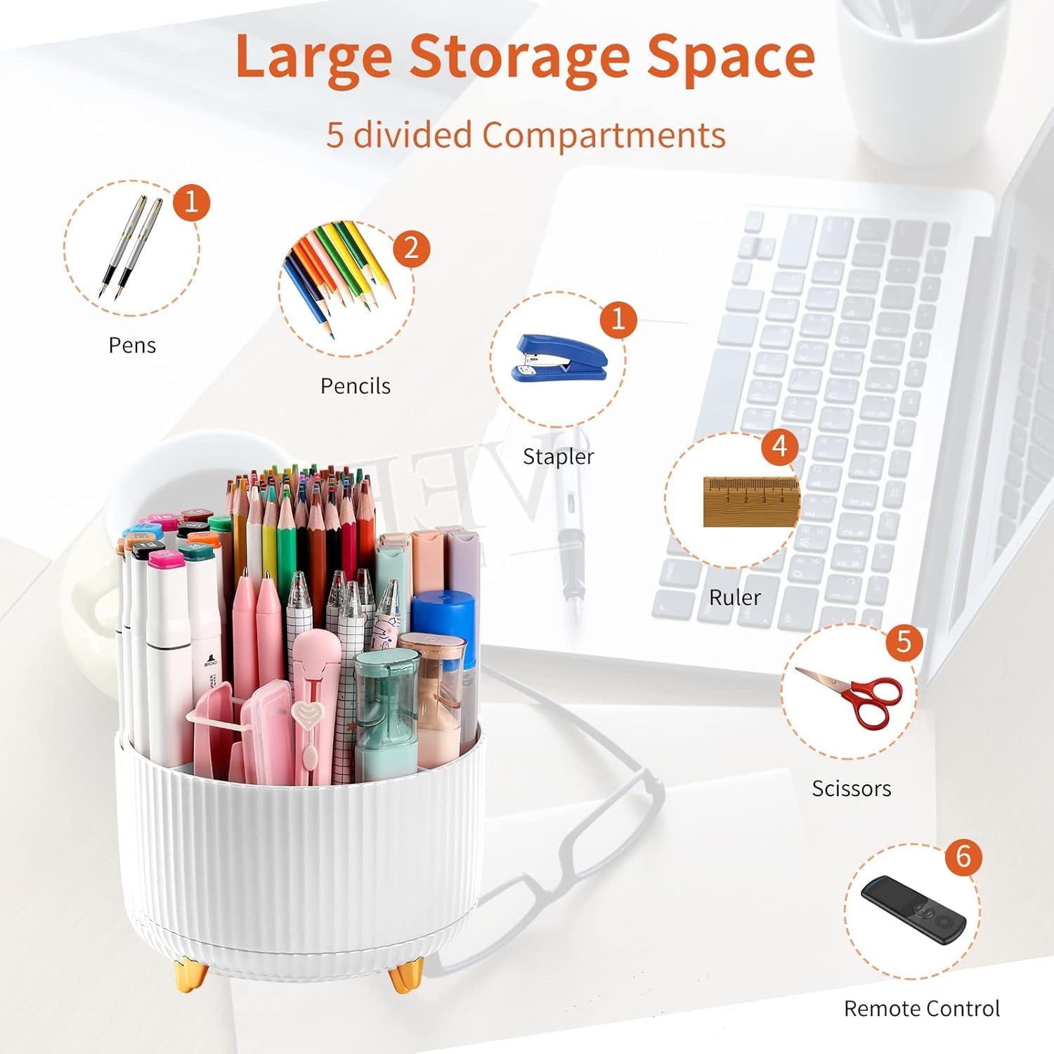 UCRAVO 360° Rotating Desk Organizer Pen Holder with 5 Compartments Spinning Pencil Holder for Desk Multipurpose Stationery Organizer for Office, School, Makeup & Art Supplies Desktop Storage (White)