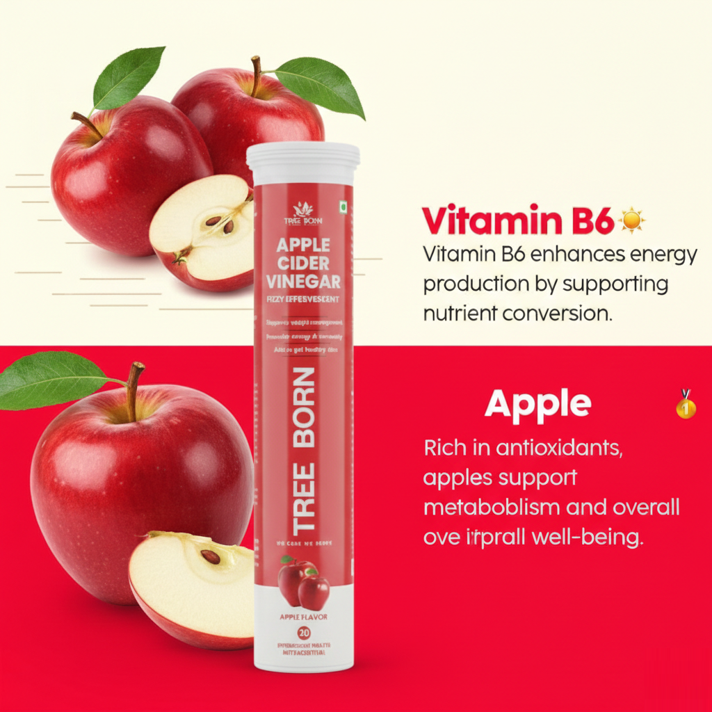 TREE BORN Apple Cider Vinegar Effervescent Tablet with mother | Supports Metabolism &amp; Appetite Control I With 500mg ACV, Vit B6 &amp; B12 I No Maltodextrin, No Added Sugar I Pack of 1 (20 tablets)