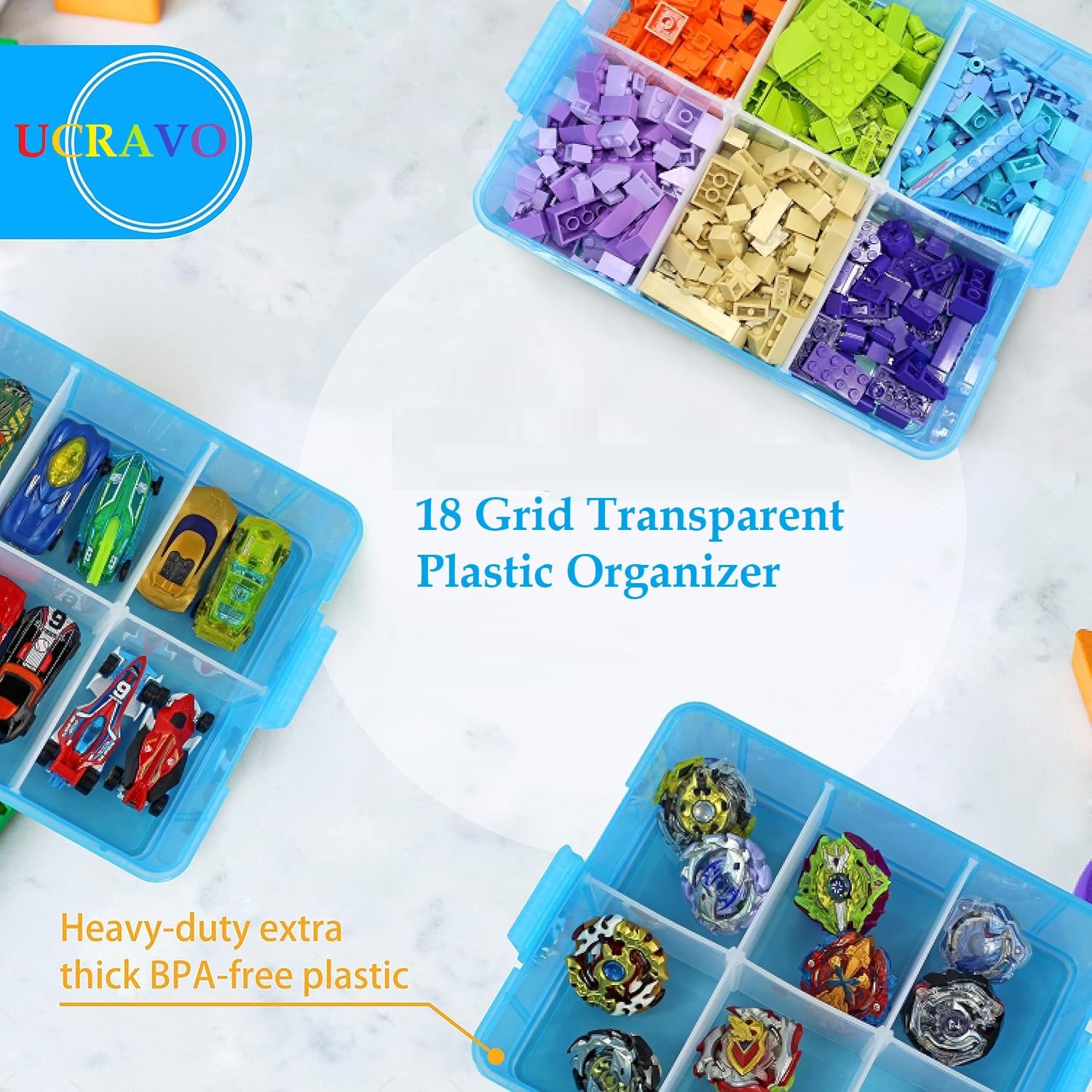 UCRAVO 1 PCS organizer storage box, 18 Grid Square Storage Box, toy organisers storage box, transparent box, 3-layer Jewelry Accessories Toy Finishing Box, Multi-purpose Storage Container(BLUE)