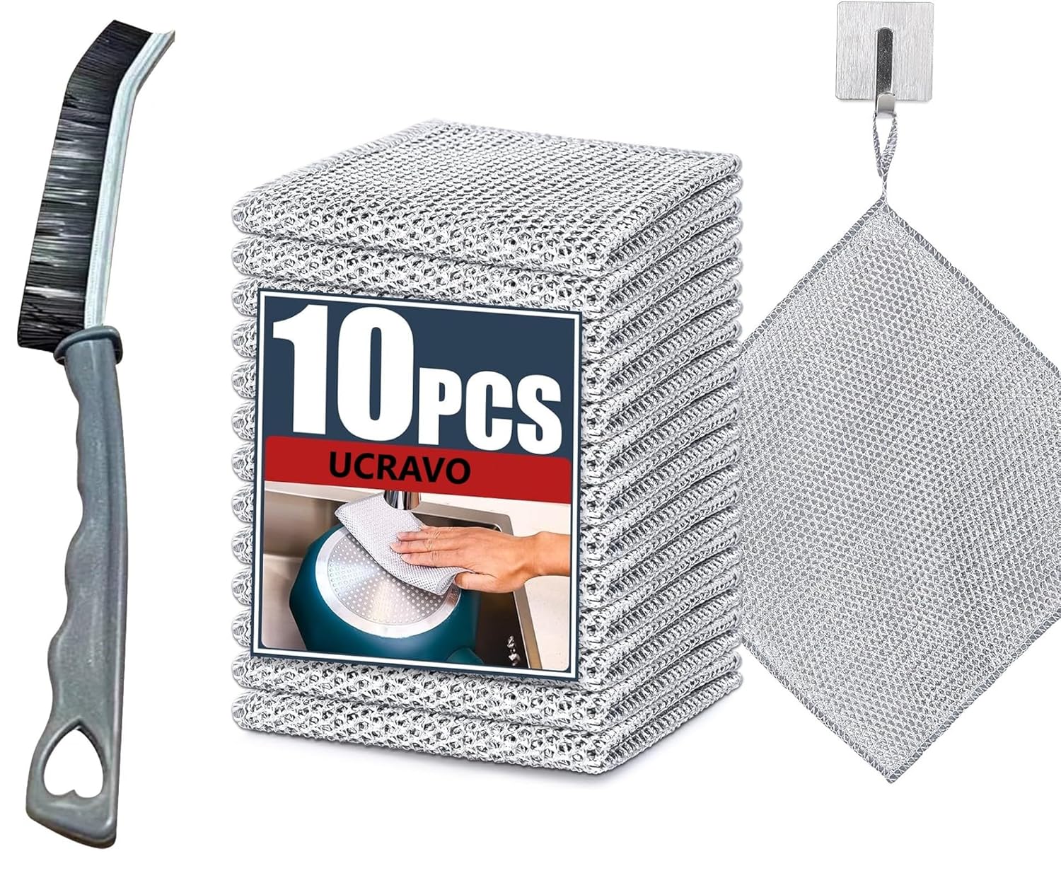 UCRAVO 10PcMultifunctional Non-Scratch Wire Dishcloth, Wire Dishwashing Rag, Steel Wire Dishwashing Cloth with 1Pc Crevice Gaps Cleaning Brush for Cookware, Scrubs, Cleans Dishes, Sinks, Counters