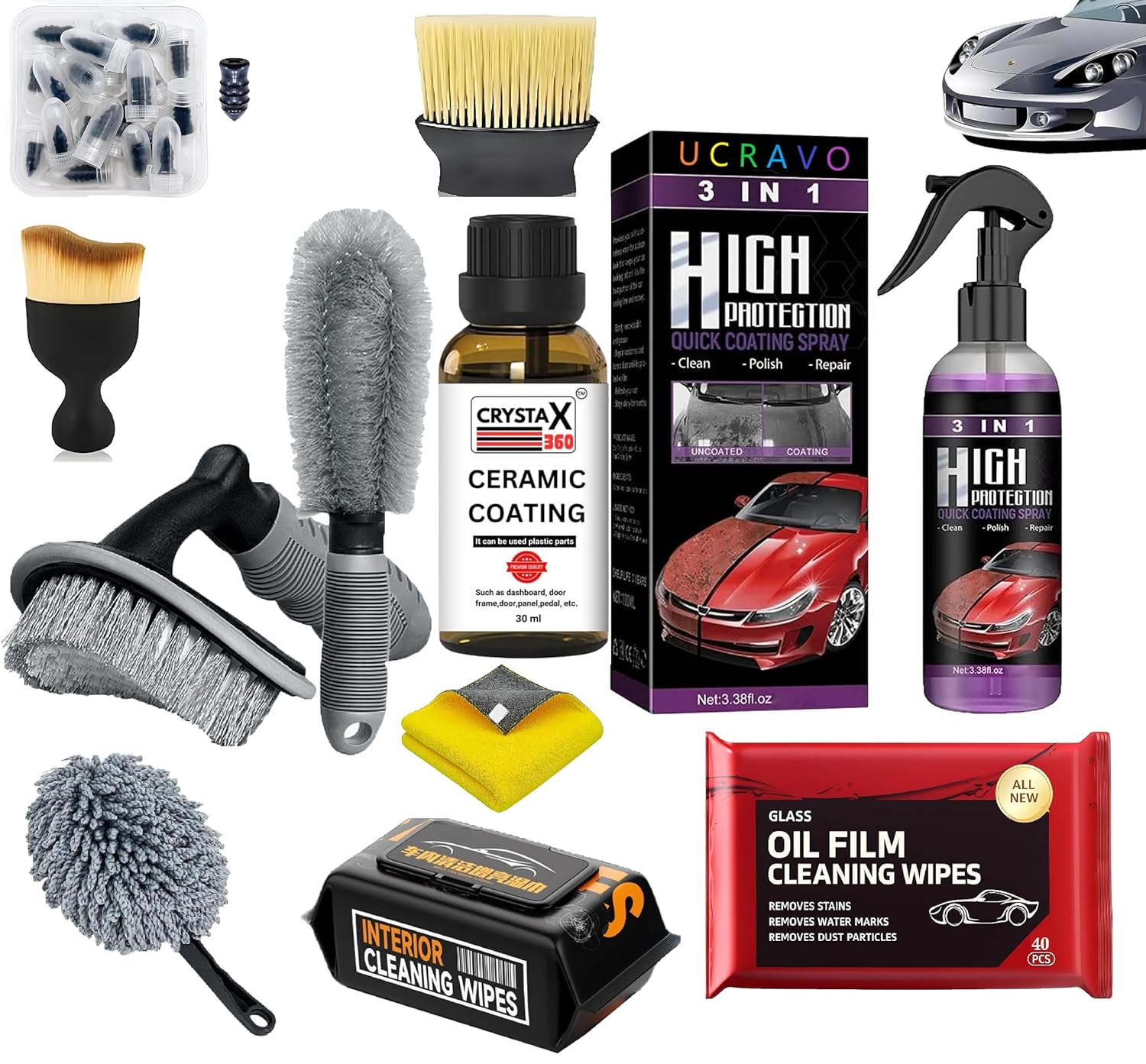 UCRAVO 11-Piece Professional Car Detailing Kit 3-in-1 High Protection Coating Spray 360 Plastic & Trim Restorer Glass Oil Film & Interior Cleaning Wipes Heavy-Duty Tire, Hub & Precision Detail Brush
