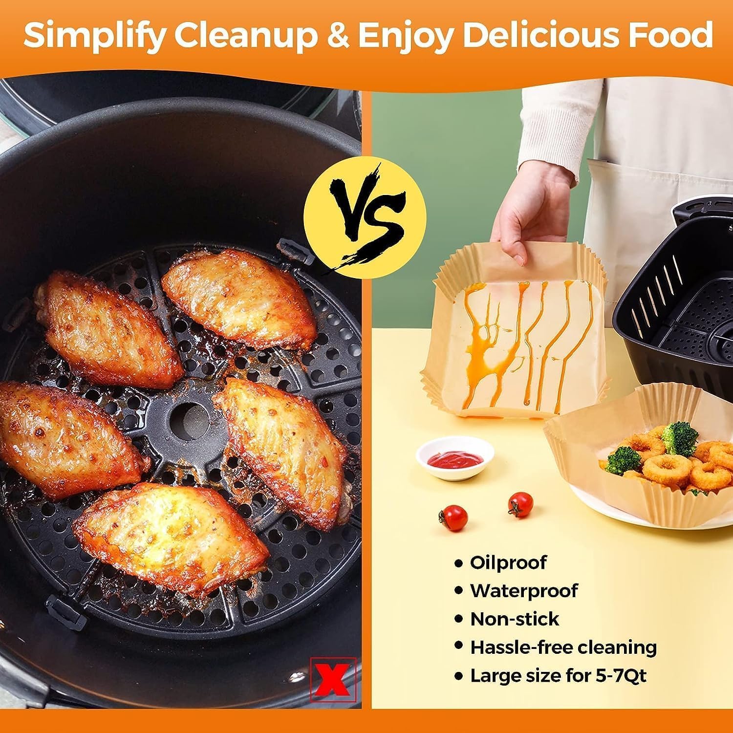 UCRAVO 100 PCS Air Fryer Paper Sheets Disposable Parchment Liners | Non-Stick Baking Paper | Heat Resistant Greaseproof Waterproof Air Fryer Tray Liners for Frying, Roasting, Microwave & Oven Cooking