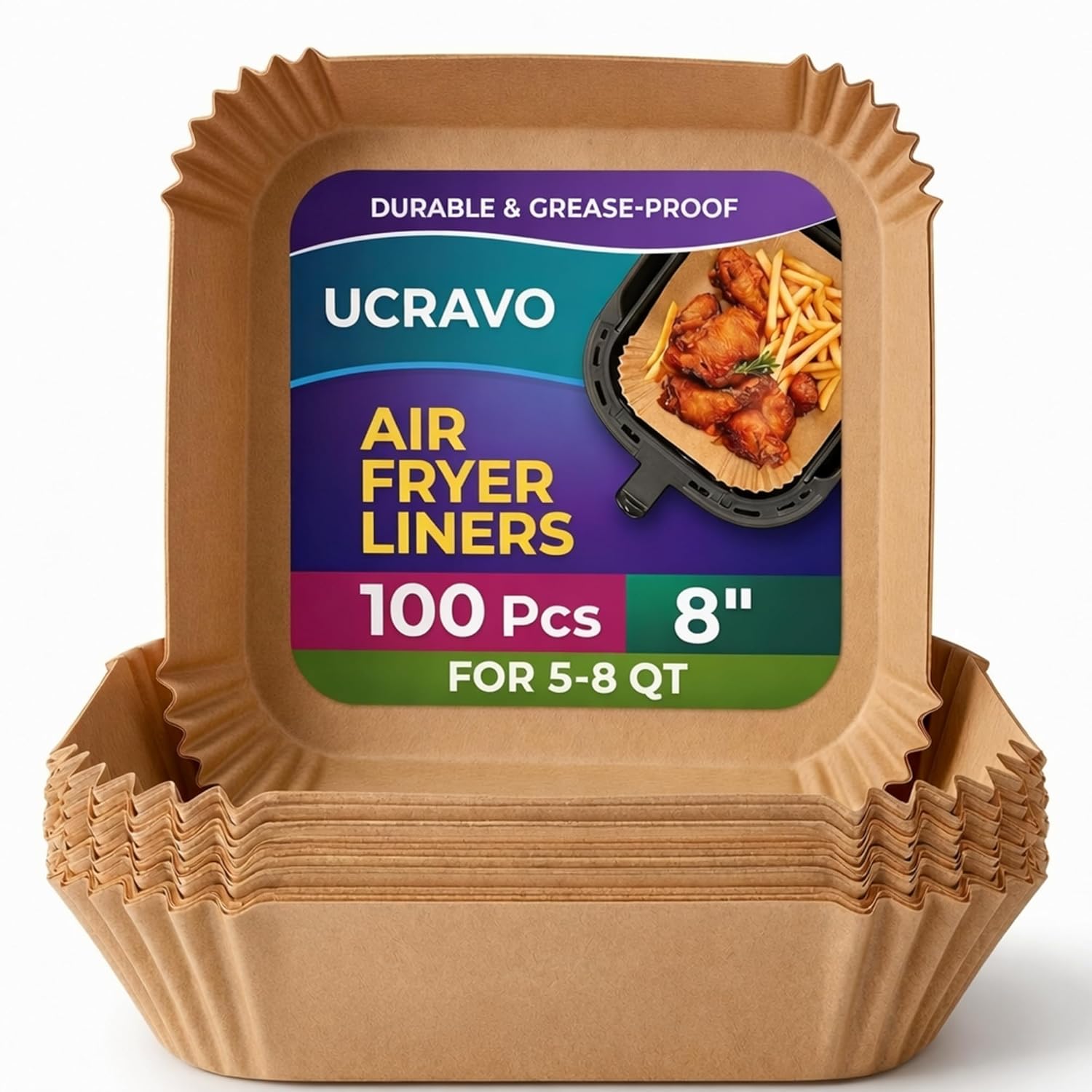 UCRAVO 100 PCS Air Fryer Paper Sheets Disposable Parchment Liners | Non-Stick Baking Paper | Heat Resistant Greaseproof Waterproof Air Fryer Tray Liners for Frying, Roasting, Microwave & Oven Cooking