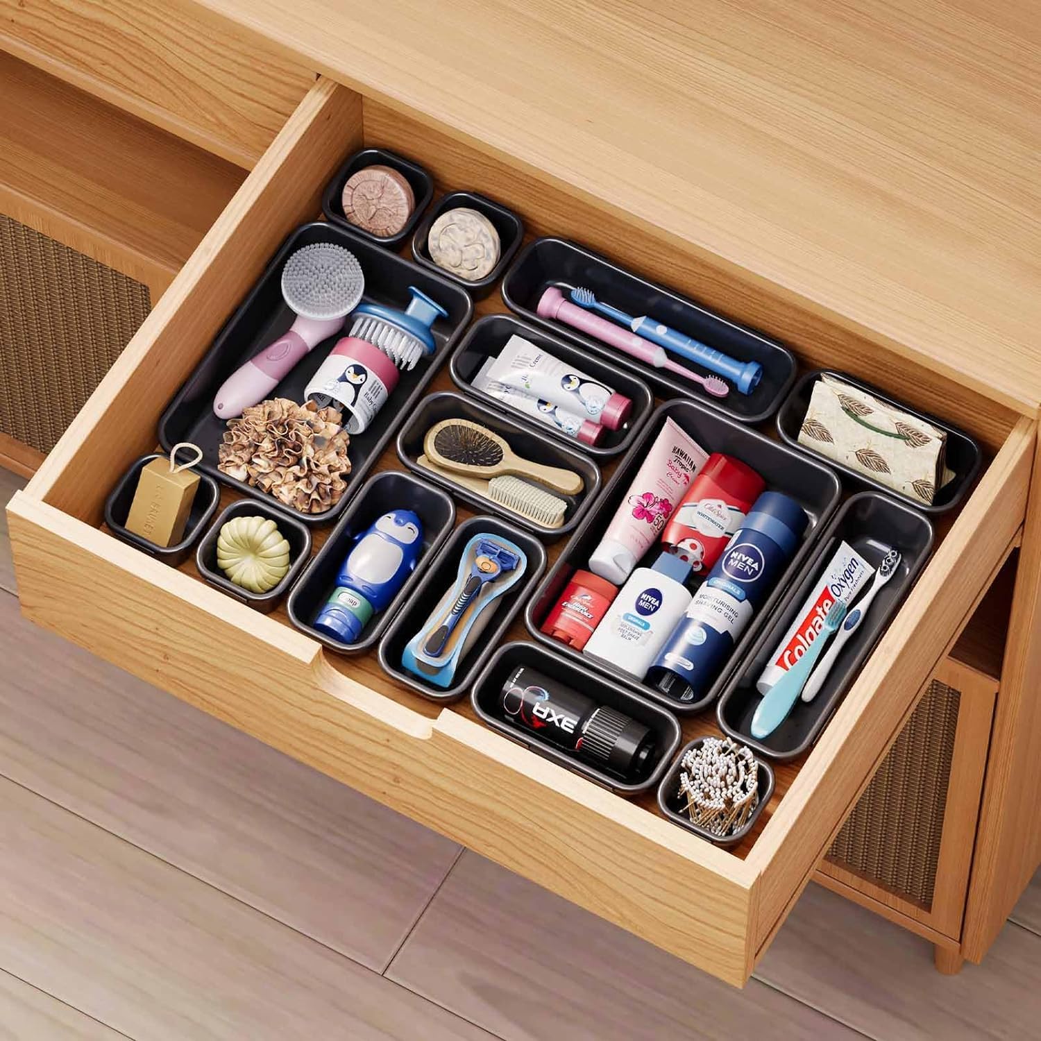 UCRAVO 16 PCS Black Desk Drawer Organizer Set for Office,Home,Kitchen & Makeup Multi-Size Plastic Drawer Dividers for Stationery,Cosmetics,Utensils Storage Trays for Neat, Tidy & Clutter-Free Drawers