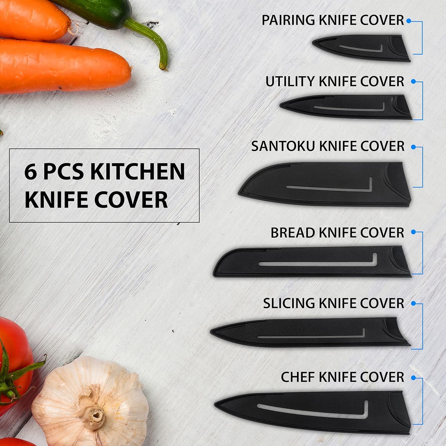 UCRAVO 6Pc Kitchen Knife Set with Covers,StainlessSteel Black Coated Knives, Professional Chef for Home Cooking, Vegetable, Fruit Prep, Ergonomic Handle,Rust Resistant Cutting Tools