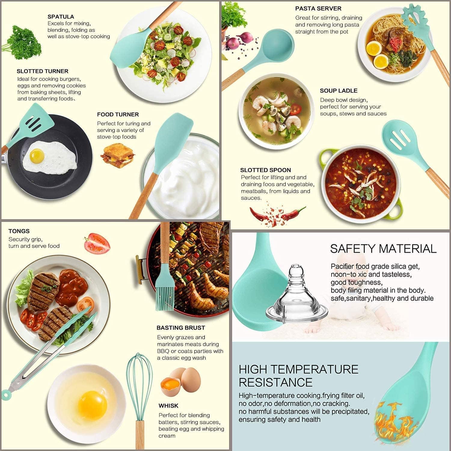 UCRAVO 12 Pc Silicone Kitchen Utensils & Spatula Set (Green) | Non-Stick Cooking/Baking Tools with Wooden Handle | BPA-Free, Heat-Resistant Flexible Silicon Cookware for Non-Stick Pans