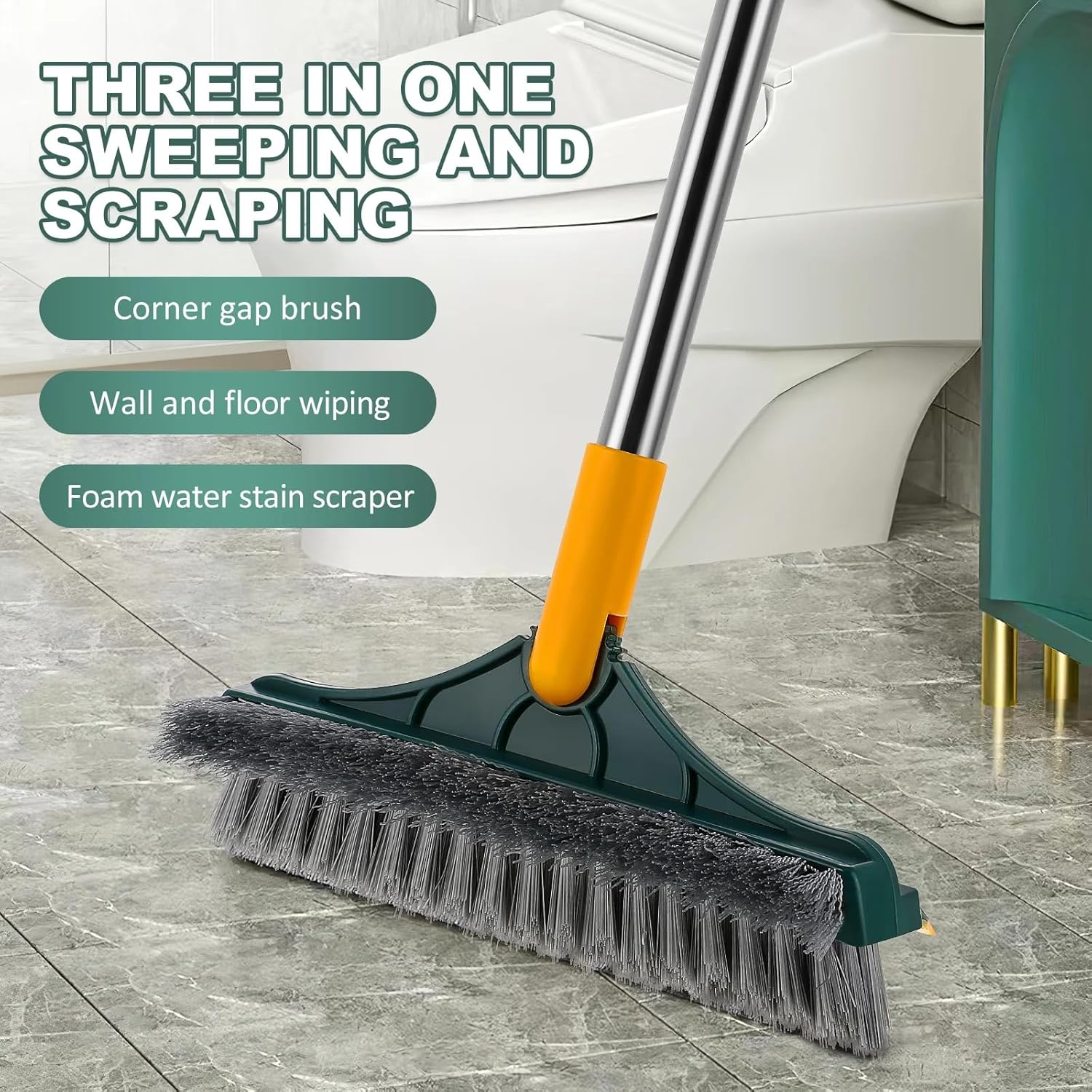 UCRAVO Floor Scrub Brush 3 in 1 Multifunctional Scrape Brush with Squeegee Long Handle Scrub Brush with V-Shaped Bristles Flexible Cleaning Magic Broom Brush for Floor Bathroom Kitchen Wall Deck Tile