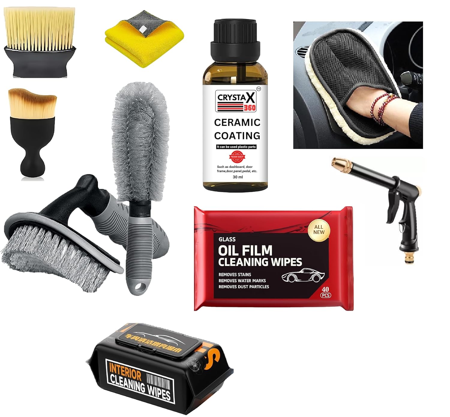 UCRAVO 10-Piece Car Detailing Kit | High Pressure Water Spray Gun | CrystaX 360 Ceramic Coating | Glass Oil Film & Interior Wipes | Tire & Hub Brush | Microfiber Wash Mitt | Complete Restoration Set