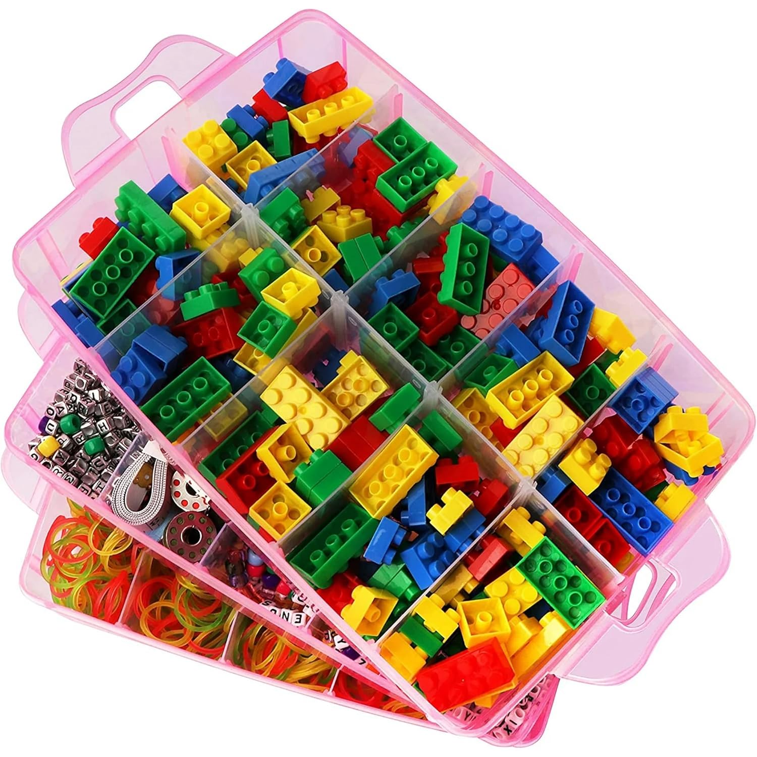 UCRAVO PINK 3-Tier Stackable Storage Container Box with 30 Adjustable Compartments, Plastic Organizer Box Transparent Storage Case for Kids Toys, Art Crafts, Jewelry, Supplies, Fuse Beads, Washi Tapes