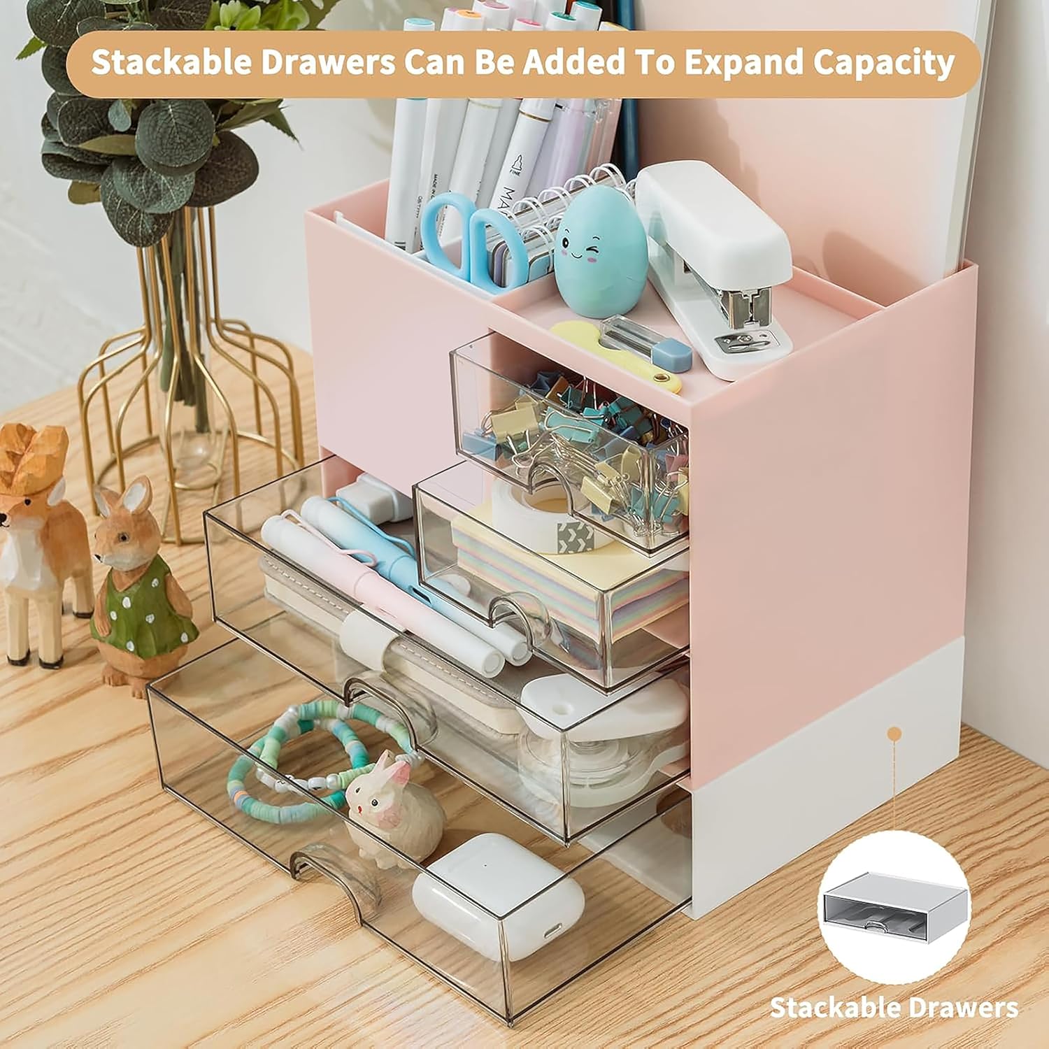 UCRAVO Pink Desk Organizer with Drawers for Office, Study Table, Home Multi-Functional Table Organizer for Stationery, Pens, Markers, Sticky Notes, Files Desktop Storage Box for Students & Office Use