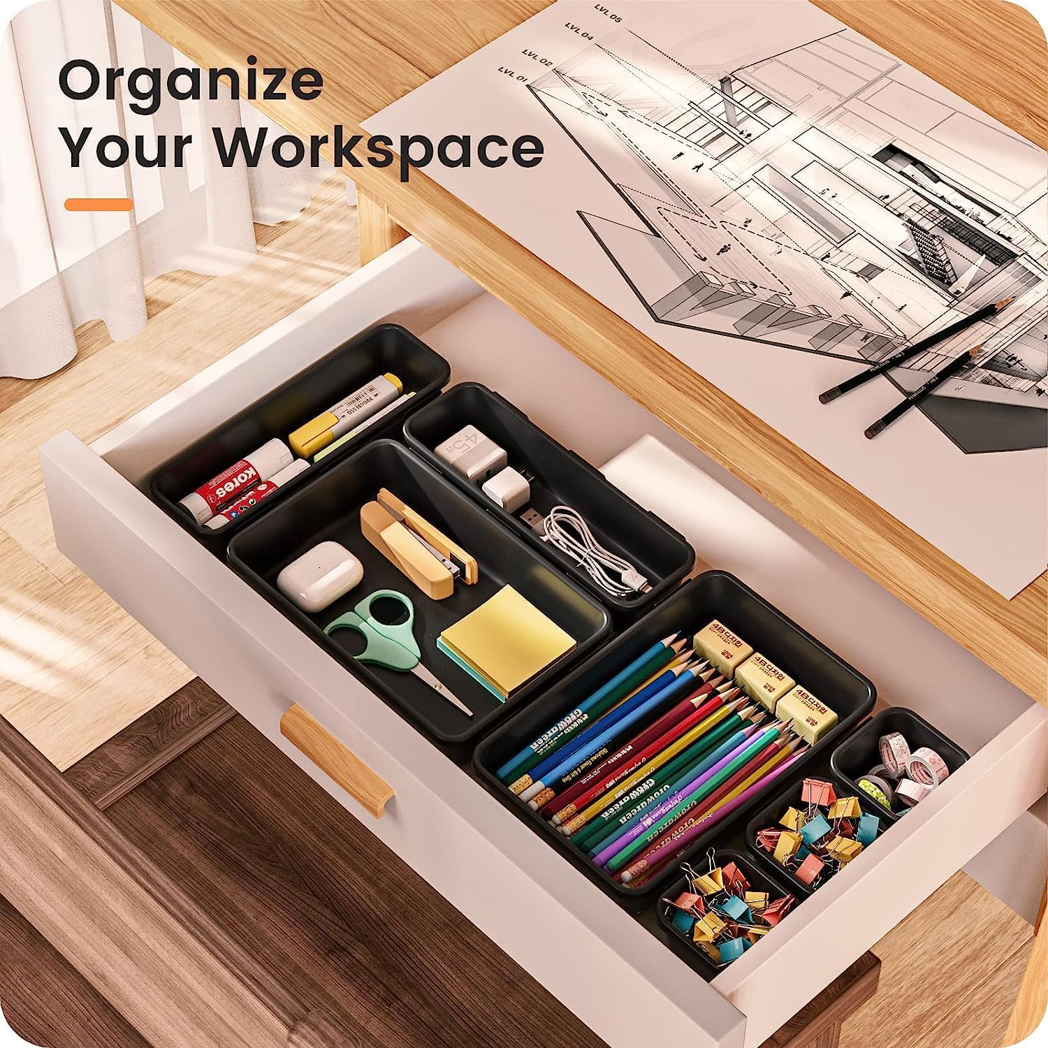 UCRAVO 8 Pcs Black Interlocking Desk Drawer Organizer Set | Multi-Size Plastic Storage Bins & Drawer Dividers for Home Office, Kitchen Cutlery, Stationery, and Vanity Makeup Storage