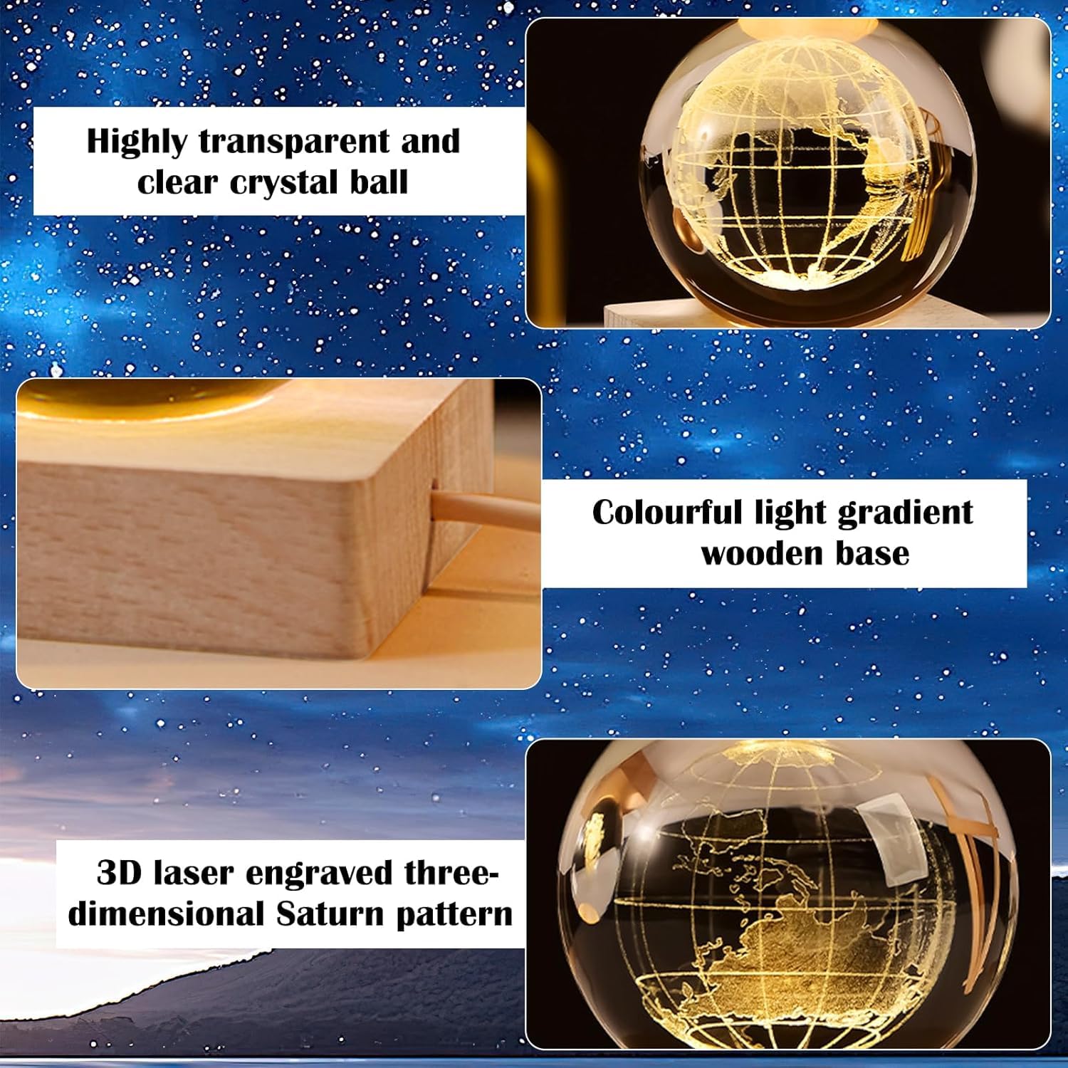 UCRAVO 3D Earth Crystal Ball Night Light Glass Ball Night Lamp with Wooden Base Fantasy Decoration Crsytal Ball LED Galaxy Planet Nightlight Bedroom Decor for Multipurpose Warm White Light(Globe)