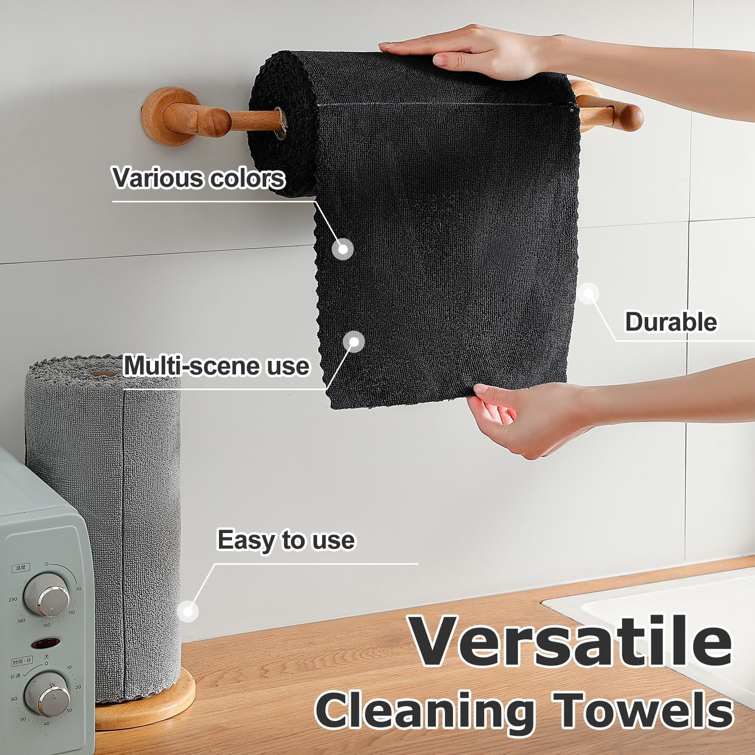 UCRAVO Microfiber Cleaning Cloth Roll, 20Pcs, 4000 Times Washable 10X Cheaper Than Paper Kitchen Towel Roll Ultra Absorbent Lint Free Microfiber Cleaning Cloth for Kitchen Tearable, Reusable - Black