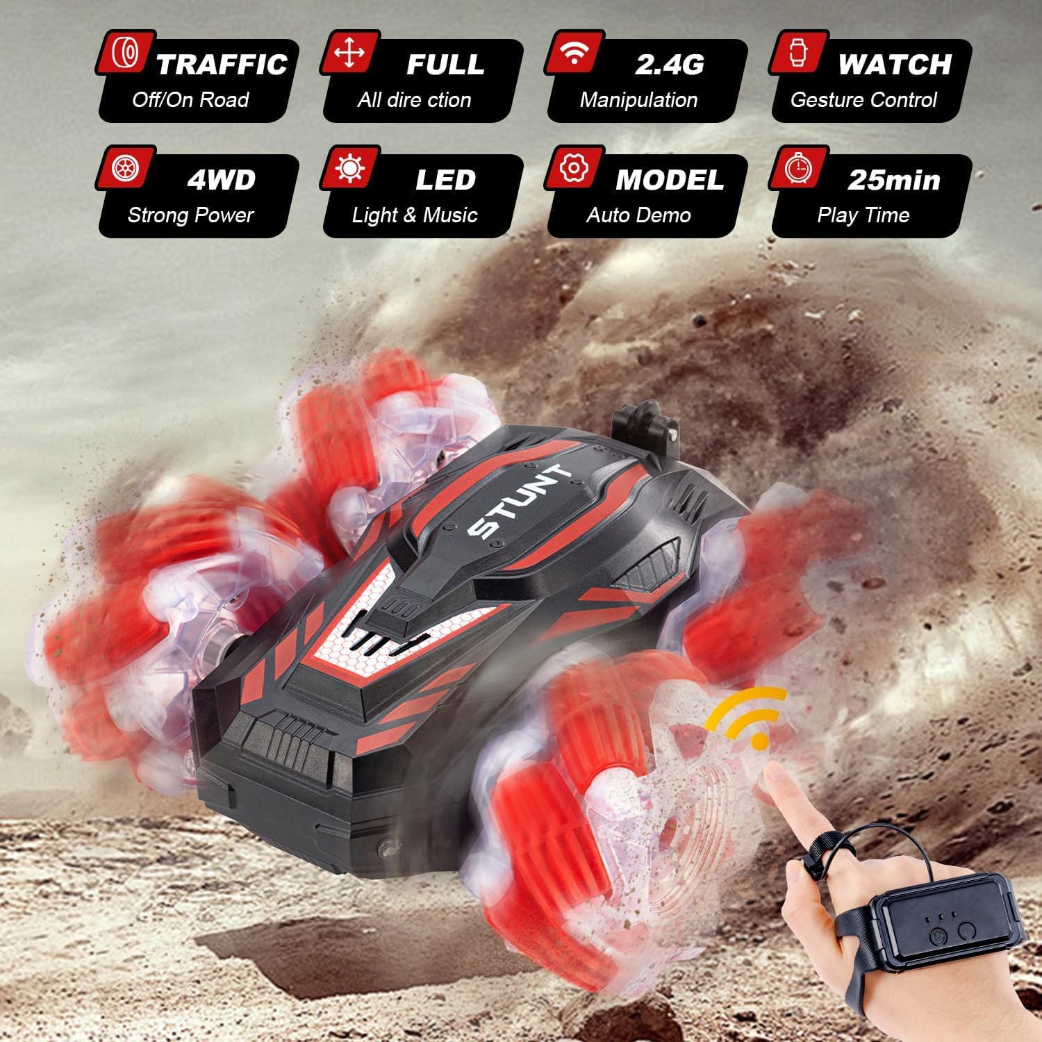 UCRAVO Gesture Sensing RC Stunt Car for Kids 6-12 Years, 360° Rotating Remote Control Car with Hand Gesture Watch, Double Sided Drifting Monster Truck, LED Lights Music, Rechargeable Toy Car Gift