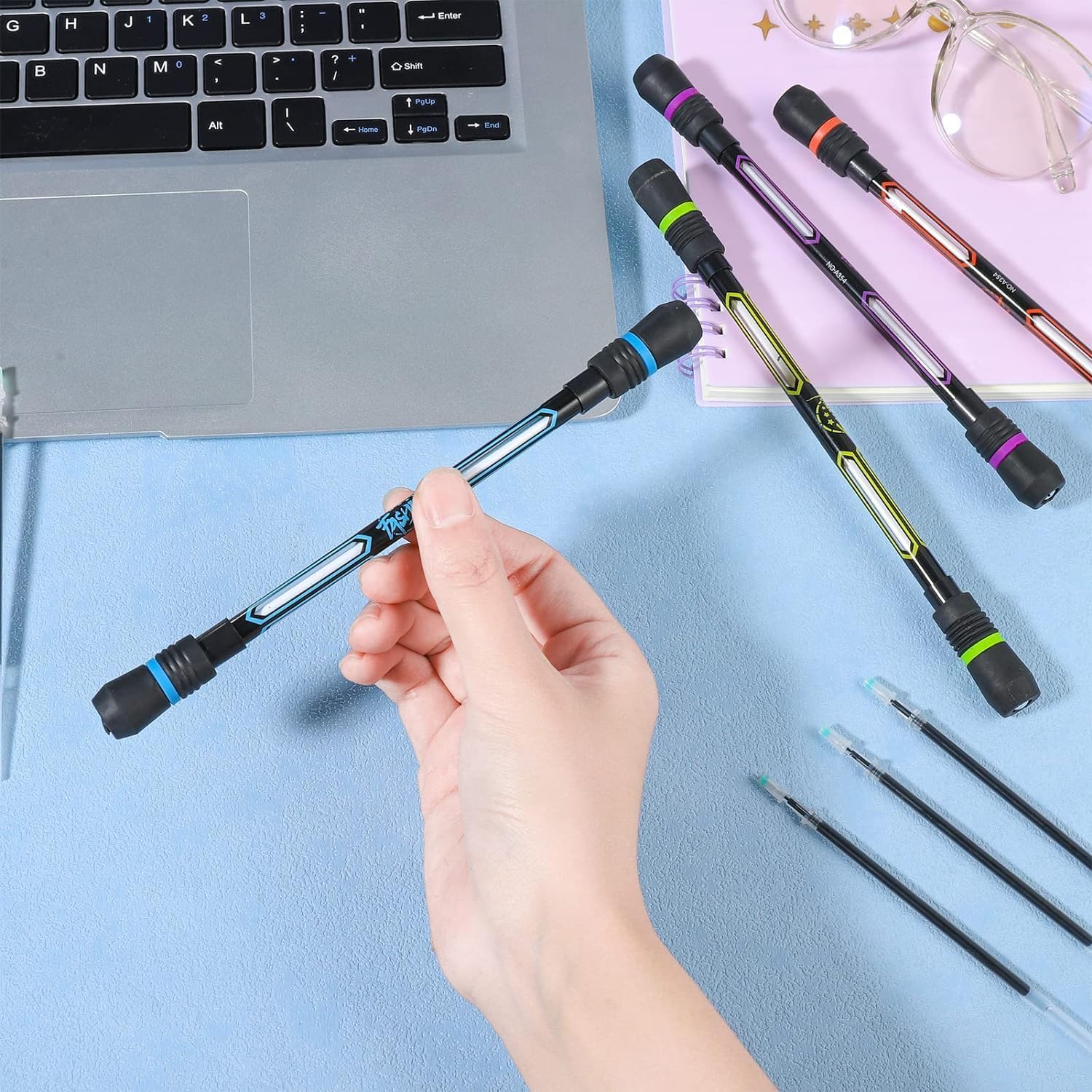 Pack of 2 Spinner Rotatable Gaming Finger Pens- Spinning Rolling Pen, Rotatable Non-Slip Design, Magic Floating & Rolling Light Anti Dropping Pen for Gamers, Ballpoint Pen Rolling Finger Multicolor