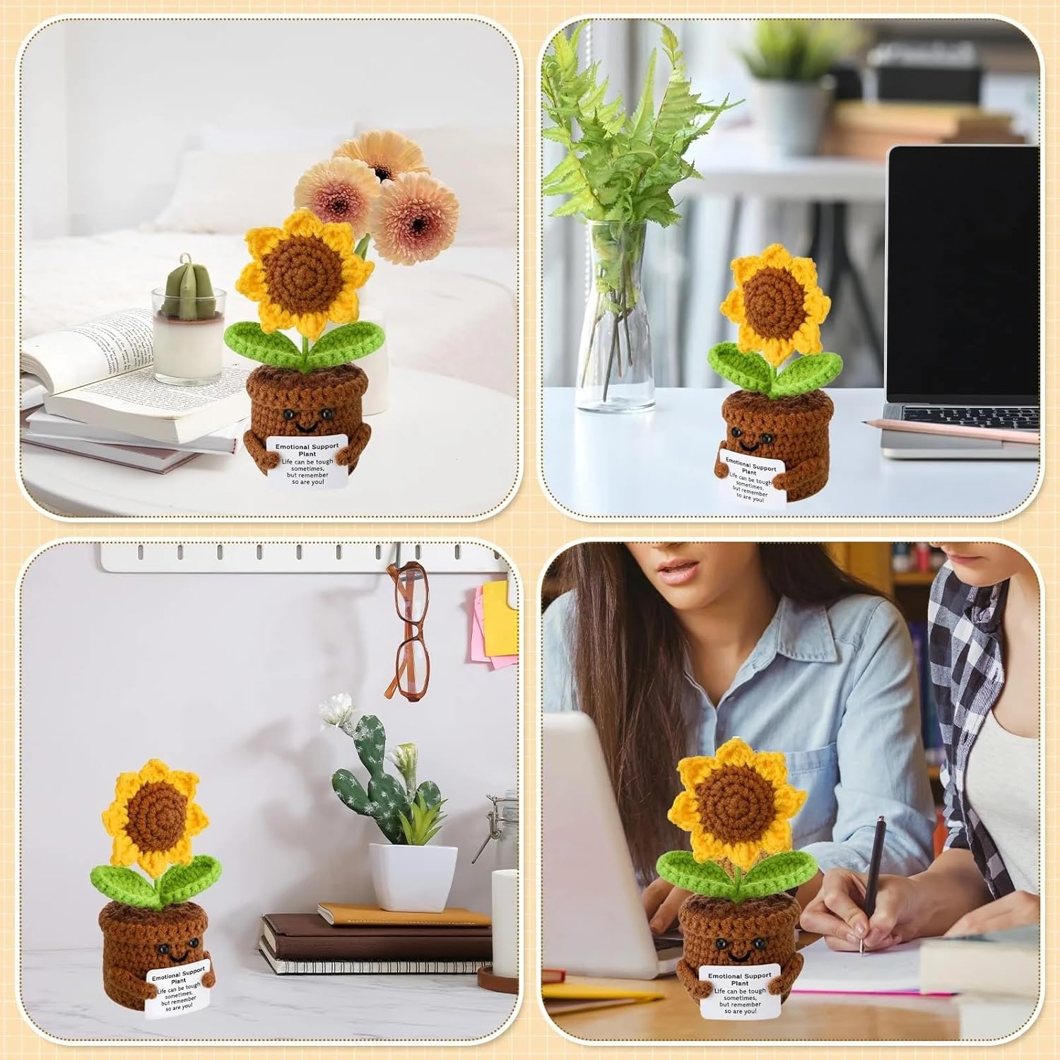 UCRAVO Emotional Support Crochet Sunflower Plant with Pot – Handmade Knitted Sunflower Plush Decor with Positive Card, Cute Desk Decor Plant for Office, Home, Car Dashboard |Funny Encouragement Gift