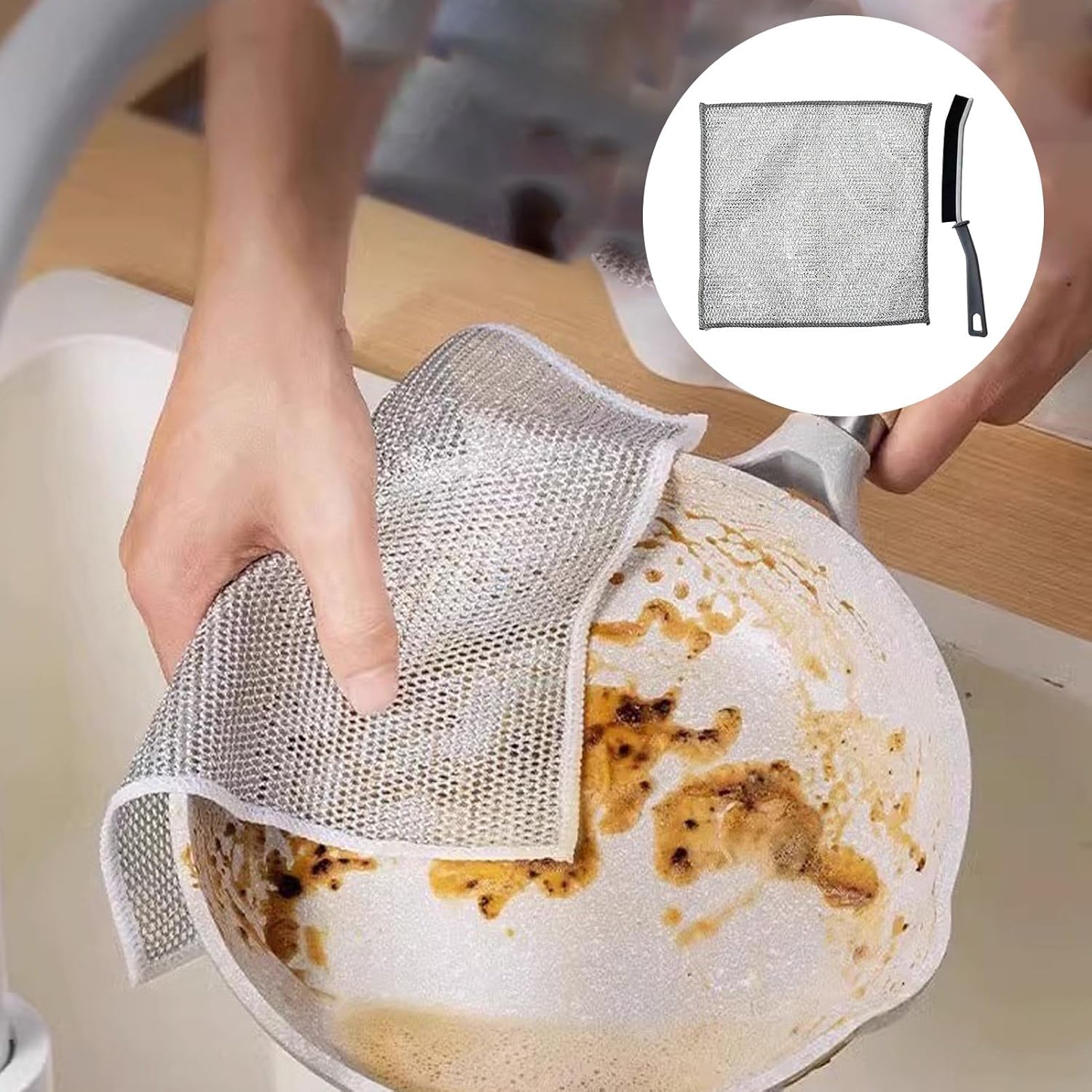 UCRAVO 10PcMultifunctional Non-Scratch Wire Dishcloth, Wire Dishwashing Rag, Steel Wire Dishwashing Cloth with 1Pc Crevice Gaps Cleaning Brush for Cookware, Scrubs, Cleans Dishes, Sinks, Counters