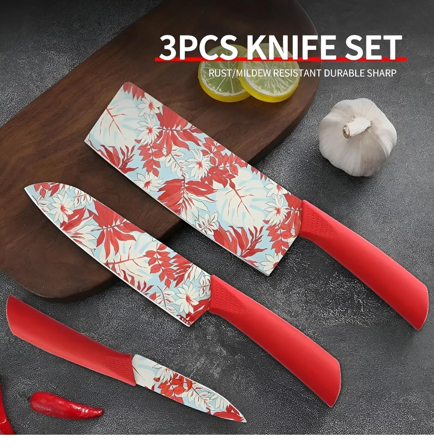 UCRAVO 3-Pcs Red Kitchen Knife Set with Floral Printed Blades Ultra Sharp Stainless Steel Knives | Chef Knife + Paring Knife + Cleaver | Non-Slip Grip |Multipurpose Cooking Knives for Home & Kitchen