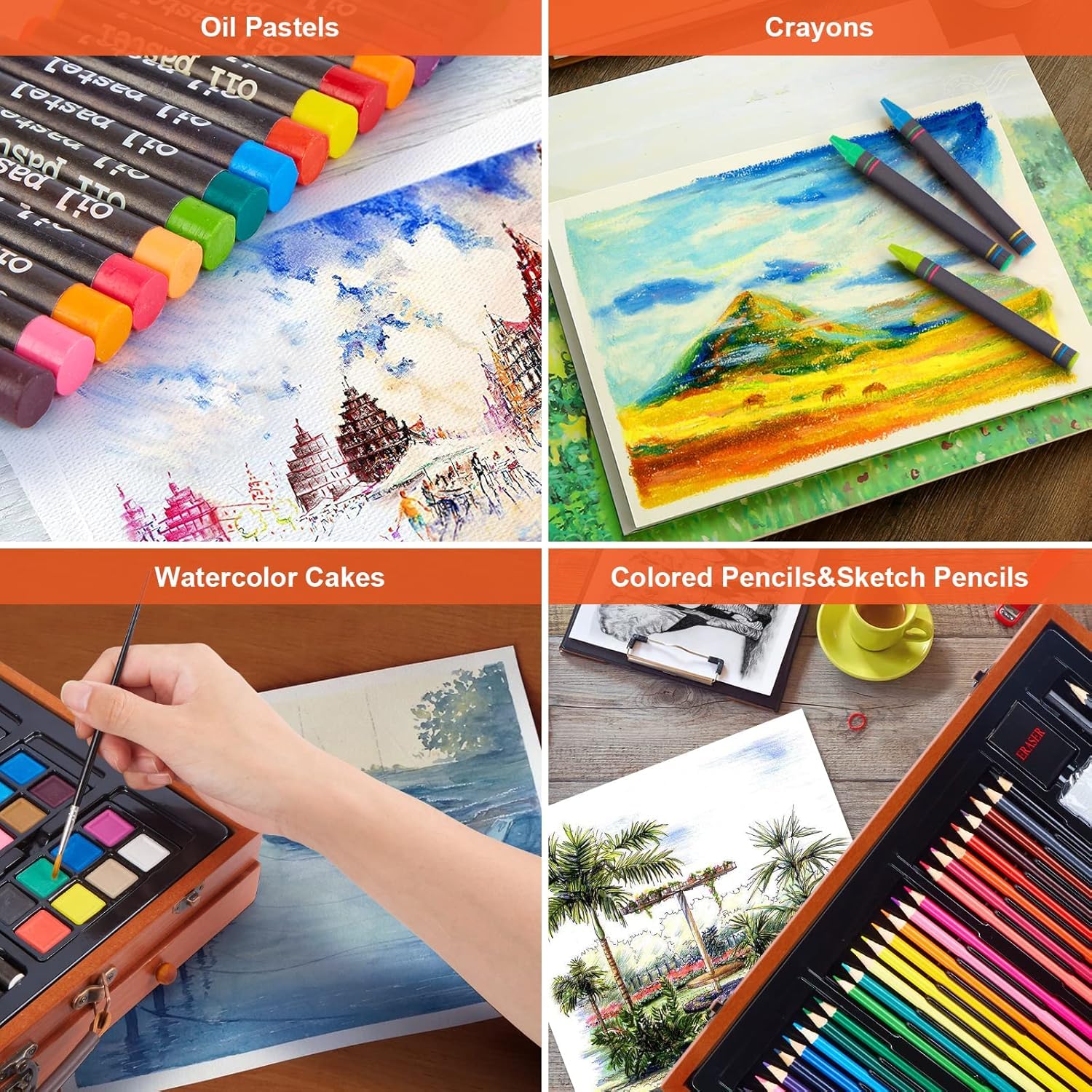 UCRAVO 150 Pieces Art Set for Kids & Adults Complete Drawing & Painting Kit with Colour Pencils,Oil Pastels, Crayons, Sketch Pens, Water Colours & Accessories Portable Art Box for Beginners, Artists