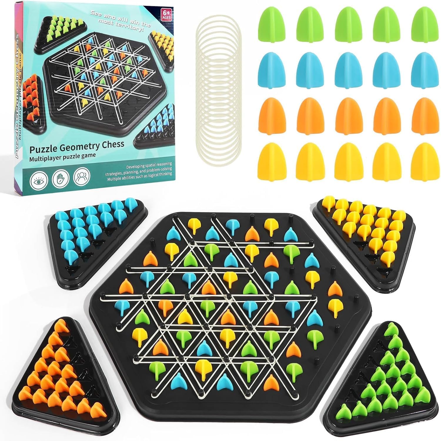 UCRAVO Chain Triangle Strategy Board Game, STEM Learning Geoboard Puzzle for Kids & Adults, Educational Brain Teaser Toy, 2-4 Players Family Fun Night Party Game