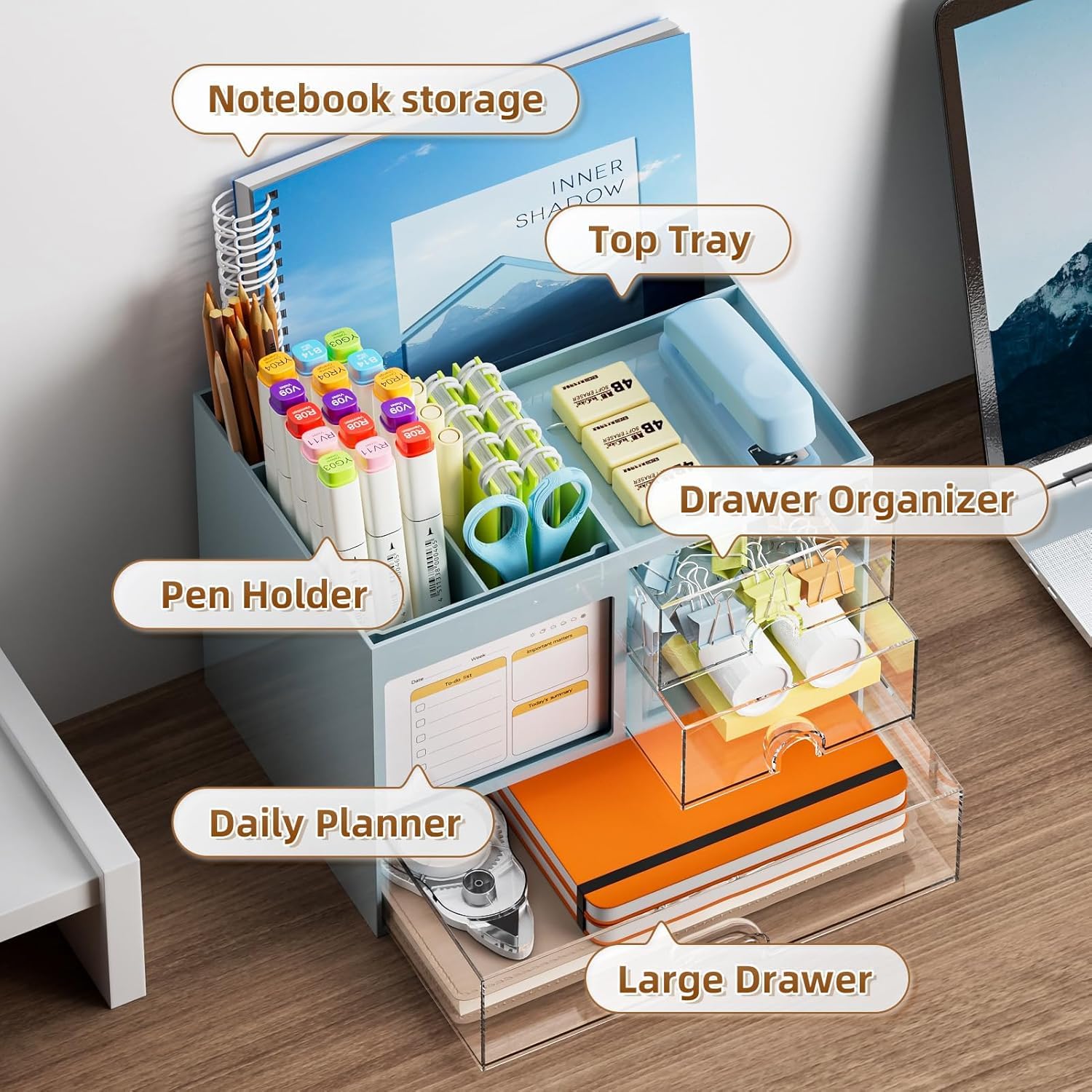 UCRAVO Blue Aesthetic Desk Organizer and Storage with 3 Clear Drawers Multi-Functional Large Capacity Pencil Pen Holder | Cute Desktop Organizer with 8 Compartments for Office, Home, and Art Supplies