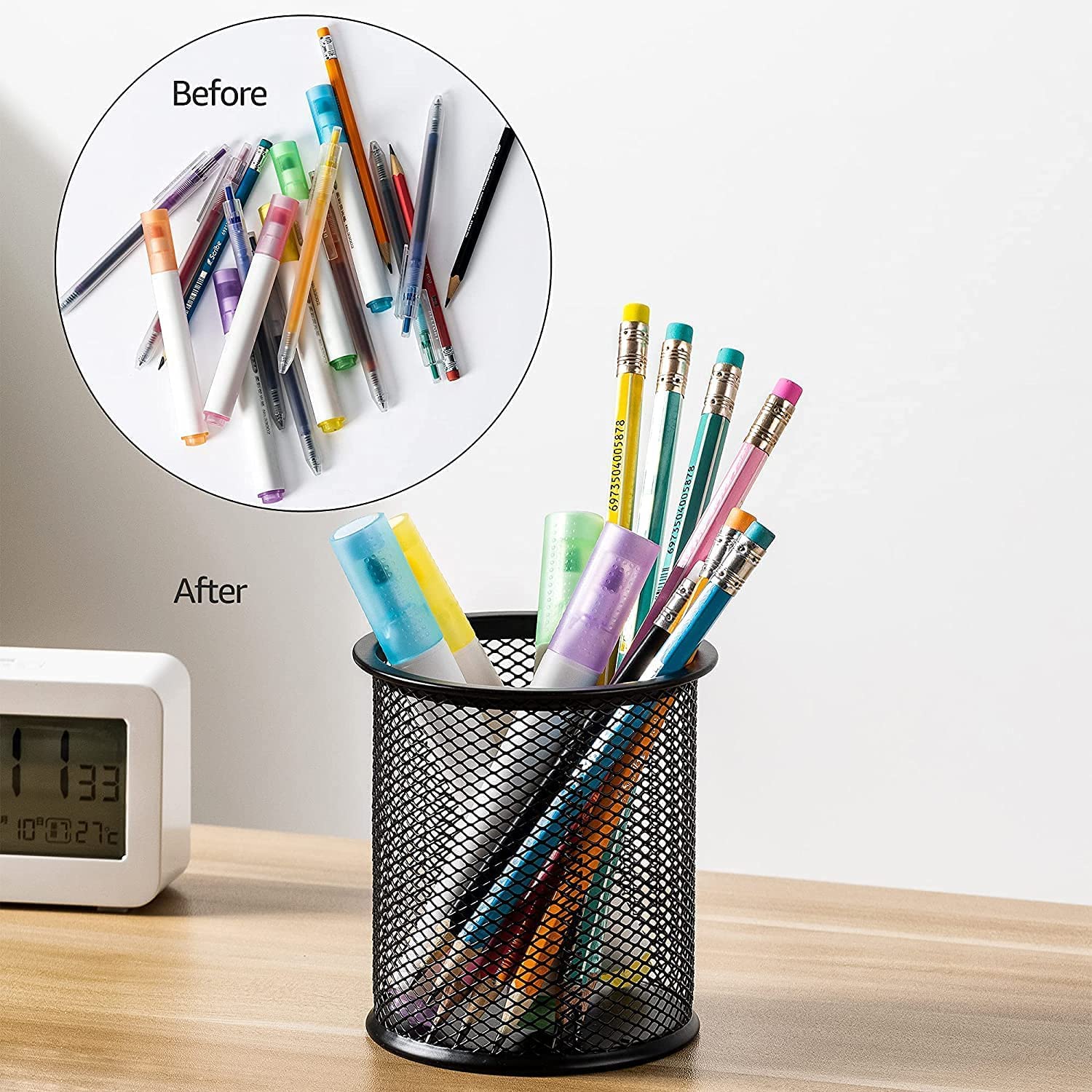 UCRAVO Black Round Mesh Pen Stand, Pencil Holder, Pen Organizer for Desk, Pen Cups, Stationary Storage Stand, Makeup Brush Holders, Pen, Pencil Holder for Office Home and Study Table