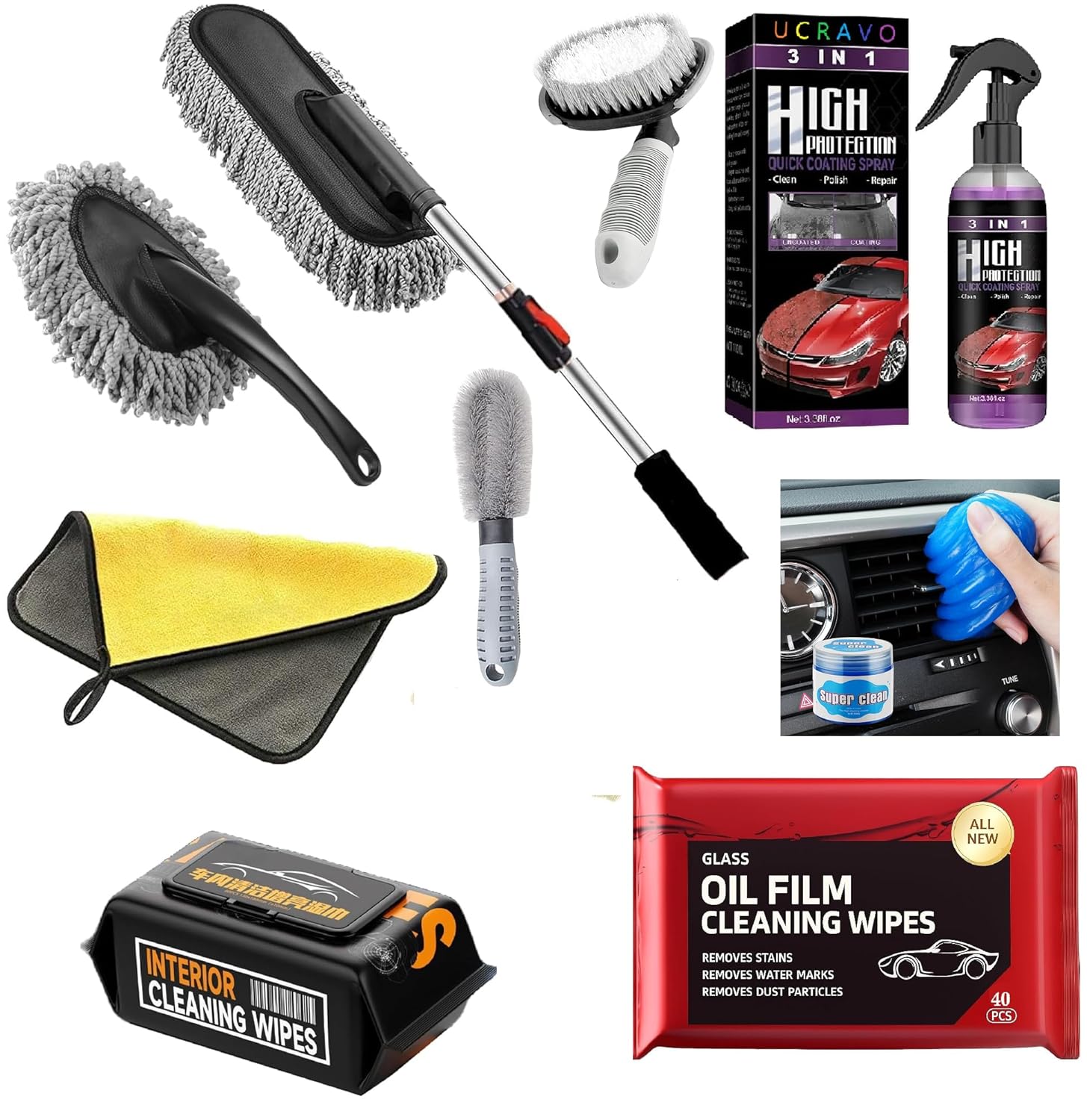 UCRAVO 9-Piece Professional Car Detailing Kit with Extendable Microfiber Duster | Glass Oil Film & Interior Cleaning Wipes | Heavy-Duty Tire & Hub Brushes | Complete Interior & Exterior Tool Set