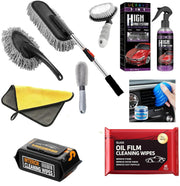 UCRAVO 9-Piece Professional Car Detailing Kit with Extendable Microfiber Duster | Glass Oil Film & Interior Cleaning Wipes | Heavy-Duty Tire & Hub Brushes | Complete Interior & Exterior Tool Set
