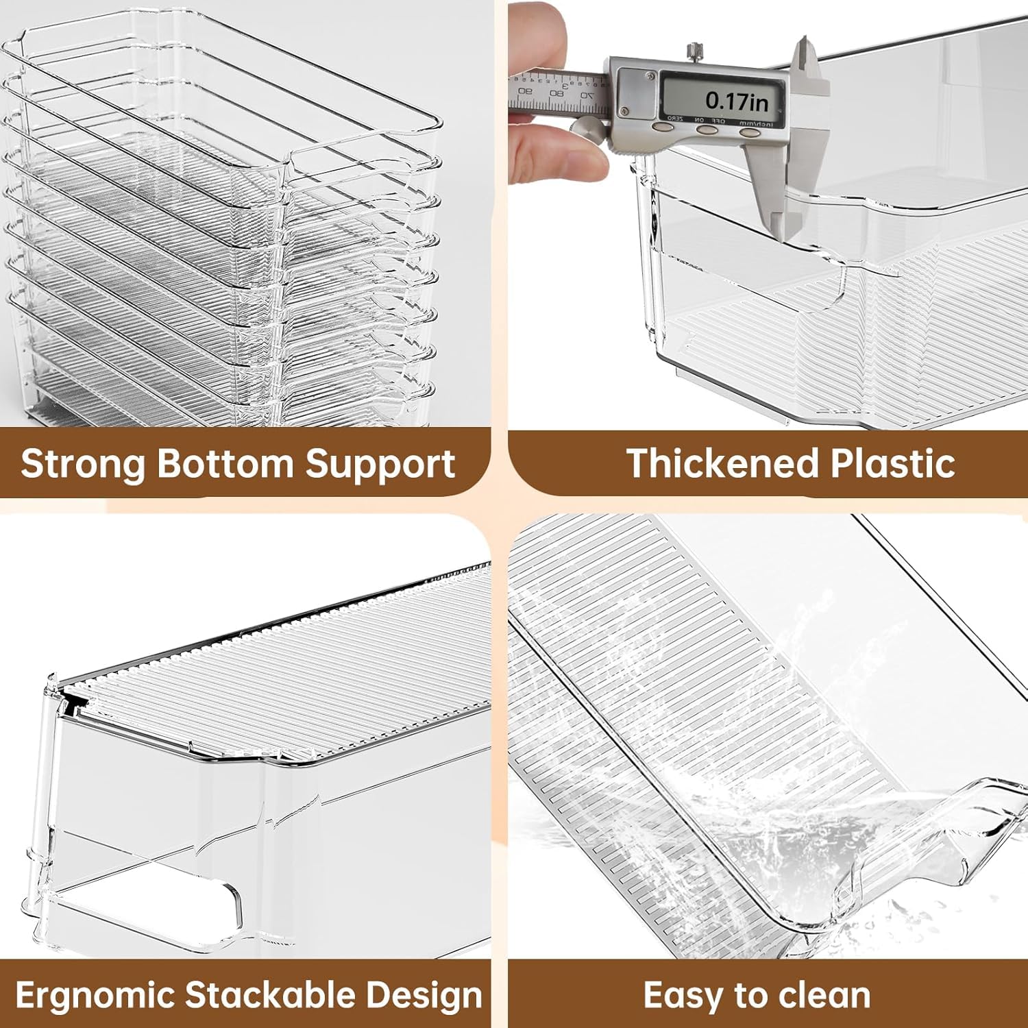 UCRAVO Refrigerator Storage Bins for Kitchen Organization 4 Clear Plastic Fridge Basket with Easy Grip Handle Multipurpose Stackable Pantry Containers for Vegetables, Fruits, Packets & Food Items