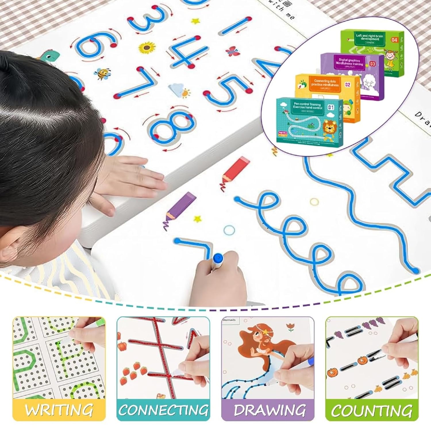 UCRAVO Pen Control Training Cards for Kids | 64 Pages Reusable Early Learning Writing Practice Book | Preschool Handwriting Workbook | Drawing, Tracing, Number & Pattern Learning for Children