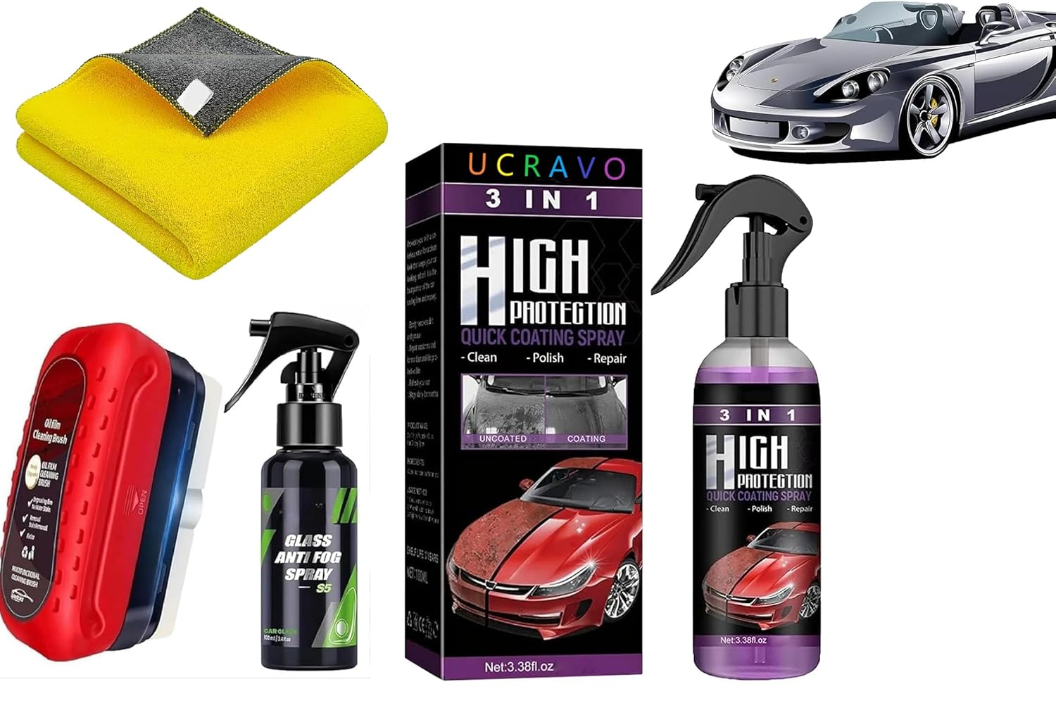 UCRAVO 4-Piece Car Care Combo with 3-in-1 High Protection Quick Ceramic Coating Spray Glass Anti-Fog Shield Spray Ultra-Absorbent Lint-Free Microfiber Buffing Cloth | All-Weather Visibility Kit