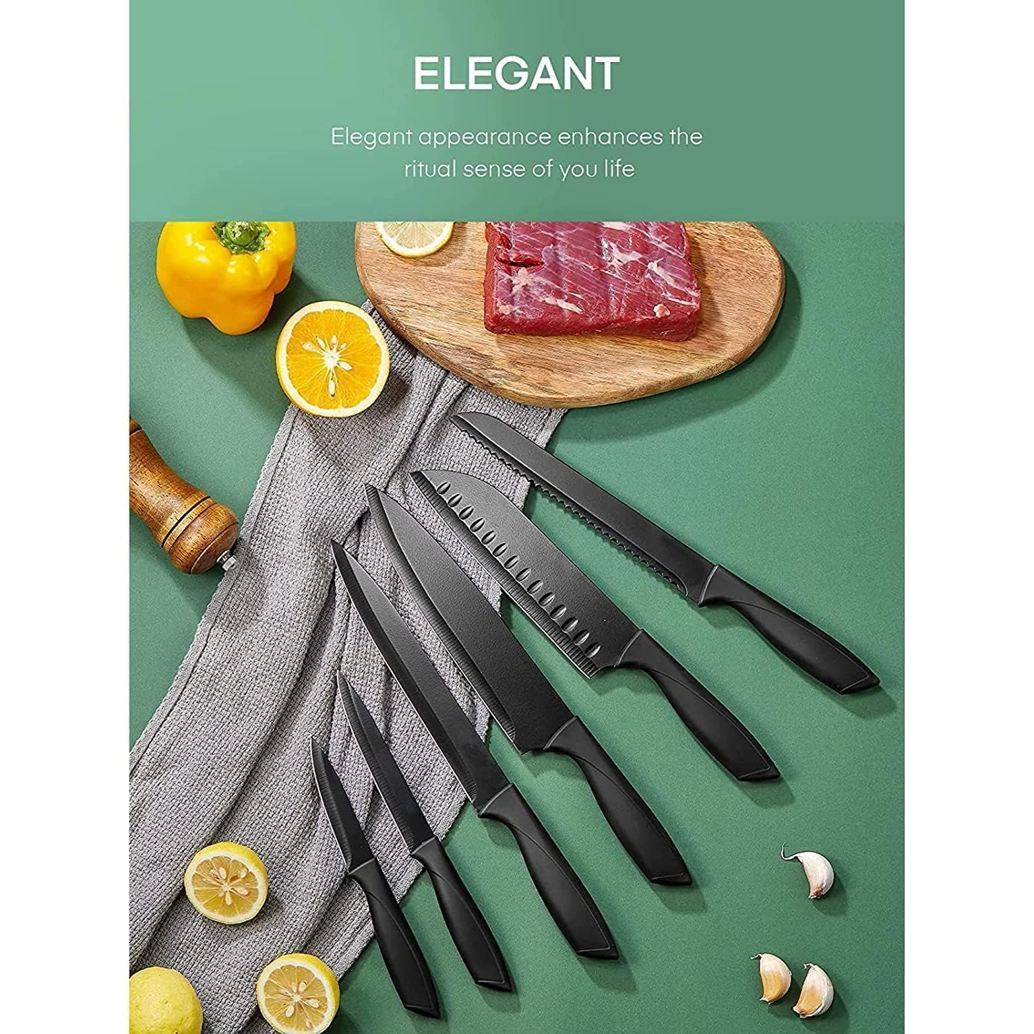 UCRAVO 6Pc Kitchen Knife Set with Covers,StainlessSteel Black Coated Knives, Professional Chef for Home Cooking, Vegetable, Fruit Prep, Ergonomic Handle,Rust Resistant Cutting Tools