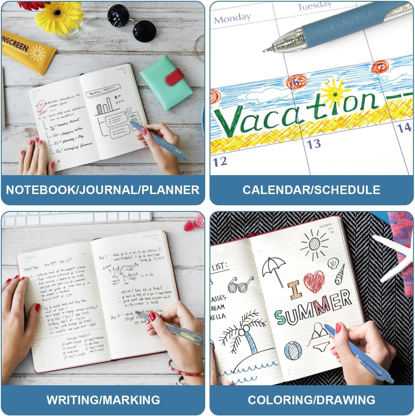 UCRAVO Pastel Gel Pens Highlighter Set, Aesthetic School Supplies 5PCS Retractable Blue Ink Pens with 1PCS Highlighter 5PCS Refills, 0.5mm Fine Points Pen for School Writing Planner Marker- BLUE