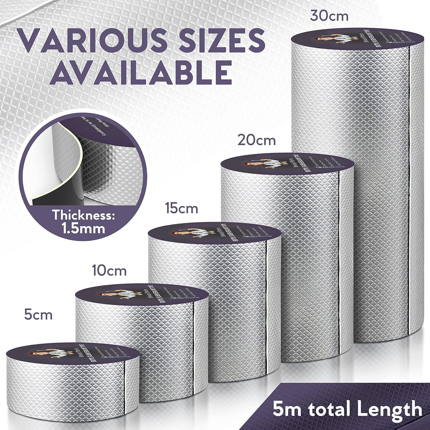 UCRAVO Super Strong Adhesive Waterproof Permanent Repair Aluminum Butyl Tape Rubber Foil Suitable for Roof Leak, Surface Crack, Window Sill Gap, Boat Sealing, Home Renovation(5CM*5M), Silver