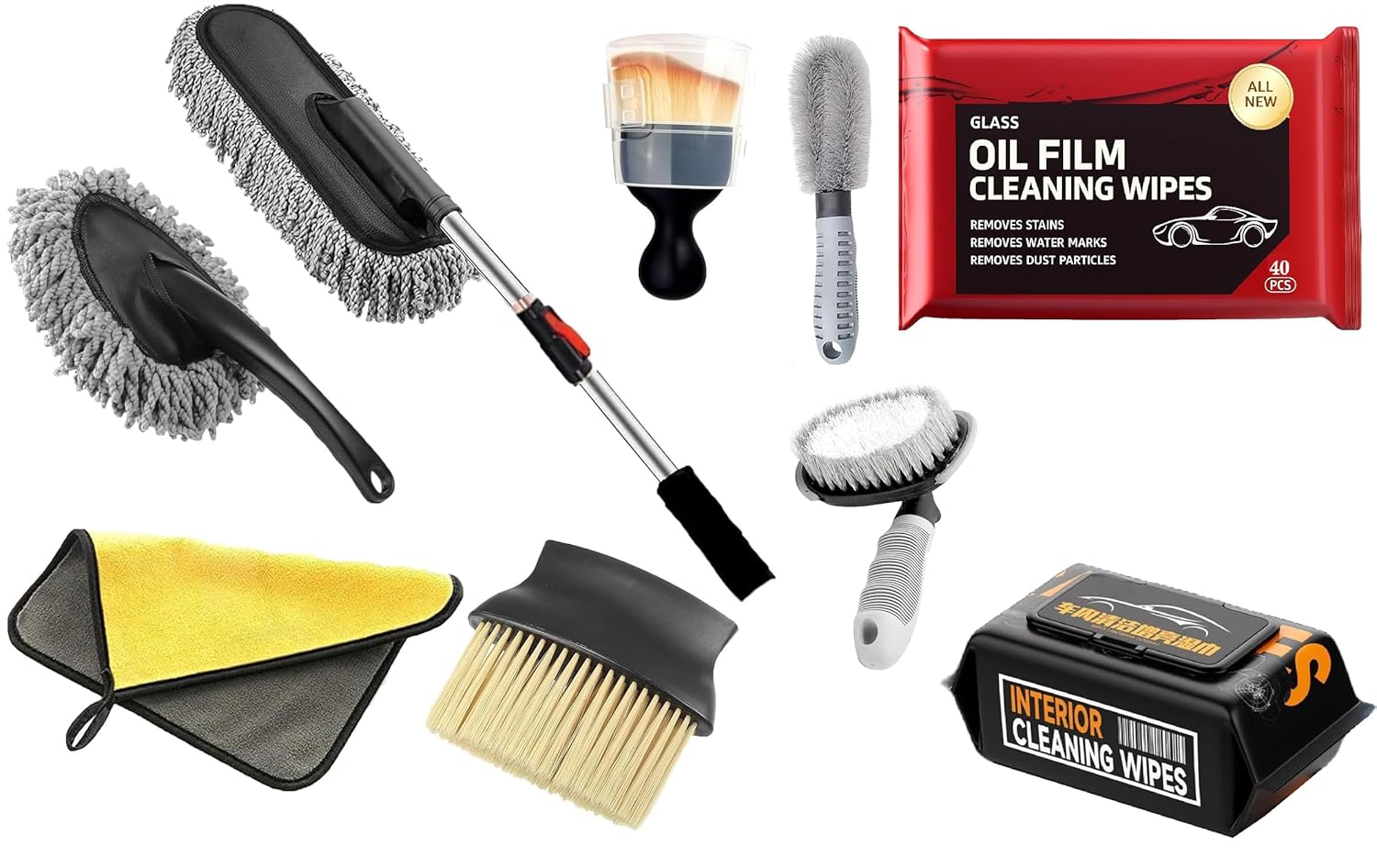 UCRAVO 9-Piece Car Detailing Kit with Extendable Microfiber Duster | Glass Oil Film & Interior Cleaning Wipes | Professional Wheel, Tire & Hub Brushes | Complete Interior & Exterior Tool Set