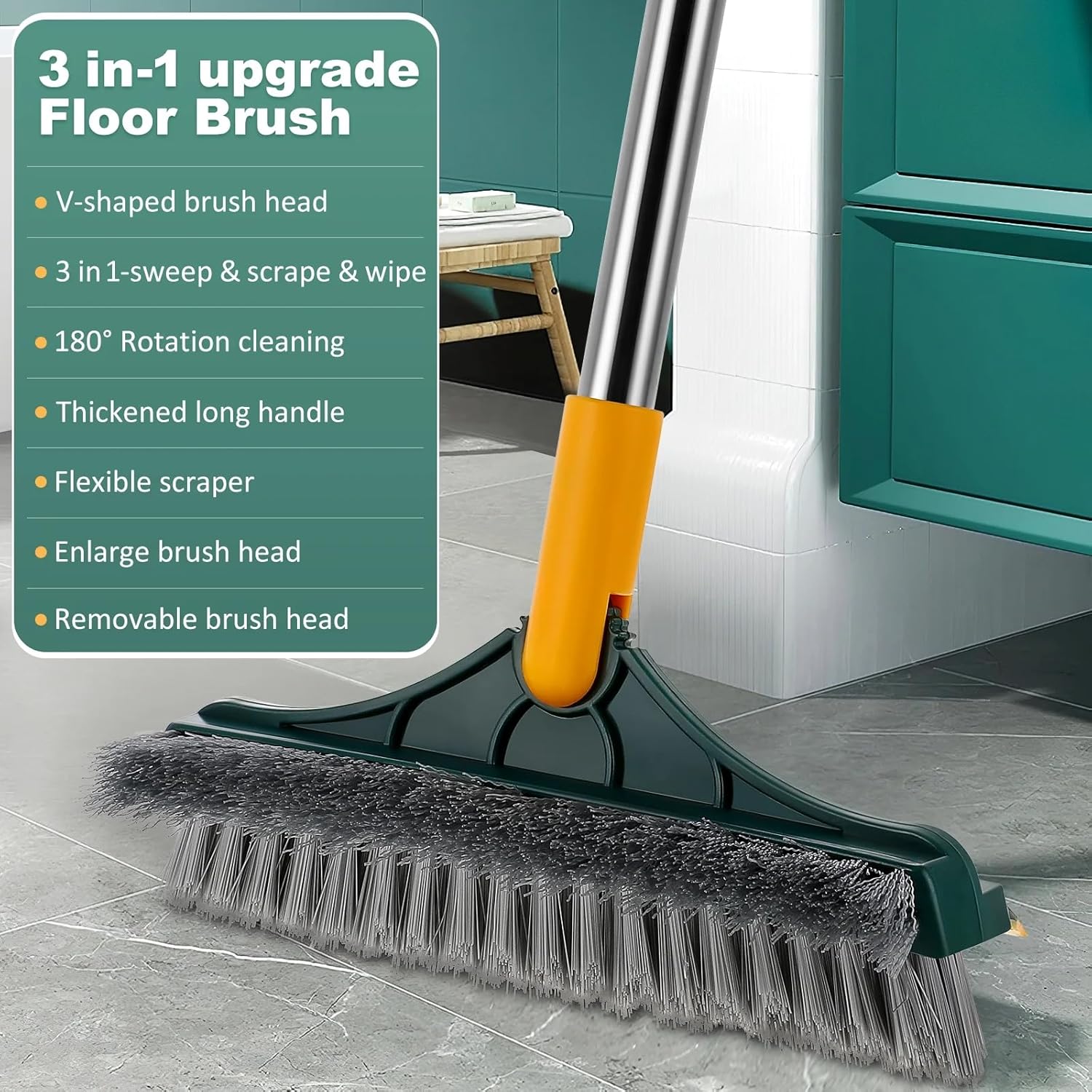 UCRAVO Floor Scrub Brush 3 in 1 Multifunctional Scrape Brush with Squeegee Long Handle Scrub Brush with V-Shaped Bristles Flexible Cleaning Magic Broom Brush for Floor Bathroom Kitchen Wall Deck Tile