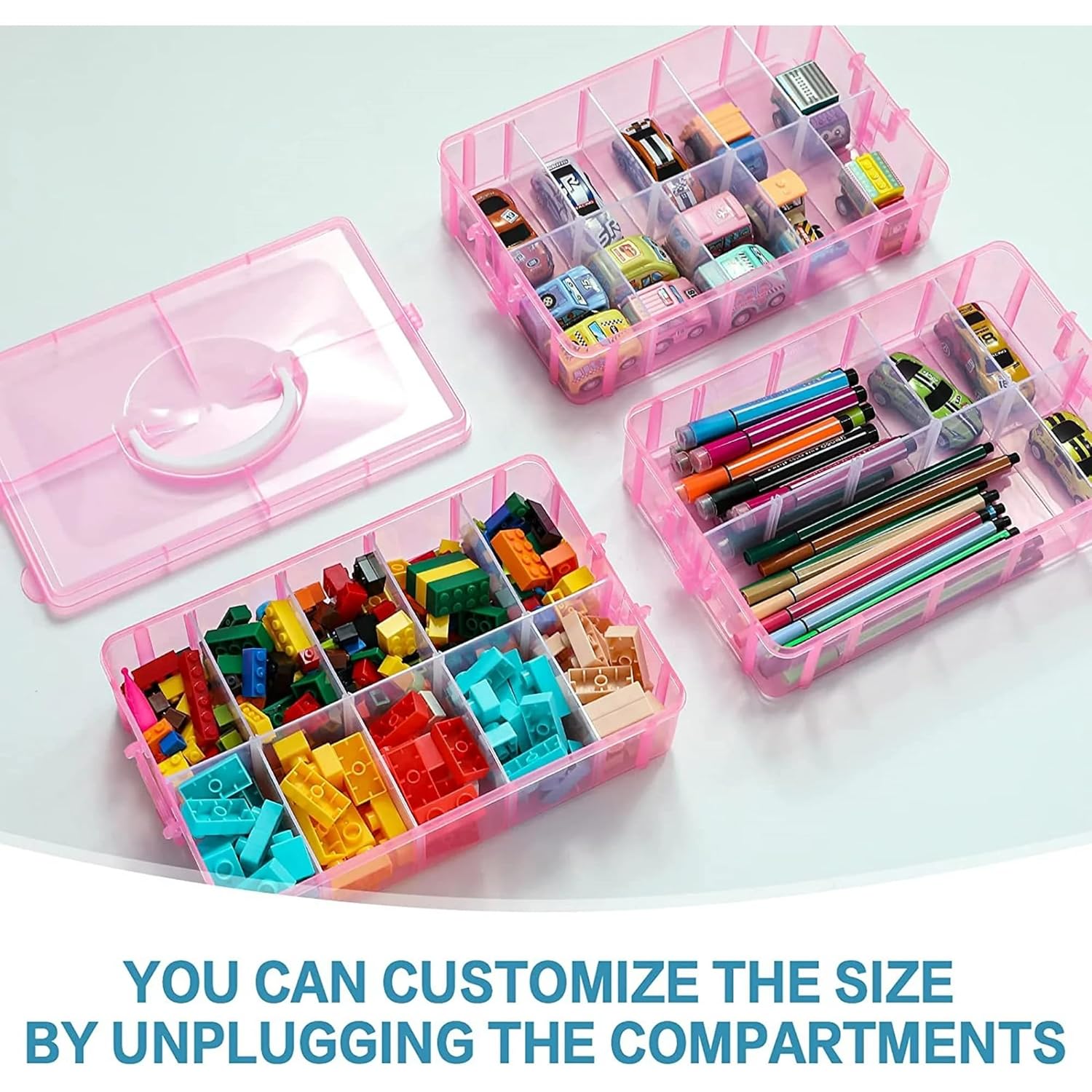 UCRAVO PINK 3-Tier Stackable Storage Container Box with 30 Adjustable Compartments, Plastic Organizer Box Transparent Storage Case for Kids Toys, Art Crafts, Jewelry, Supplies, Fuse Beads, Washi Tapes